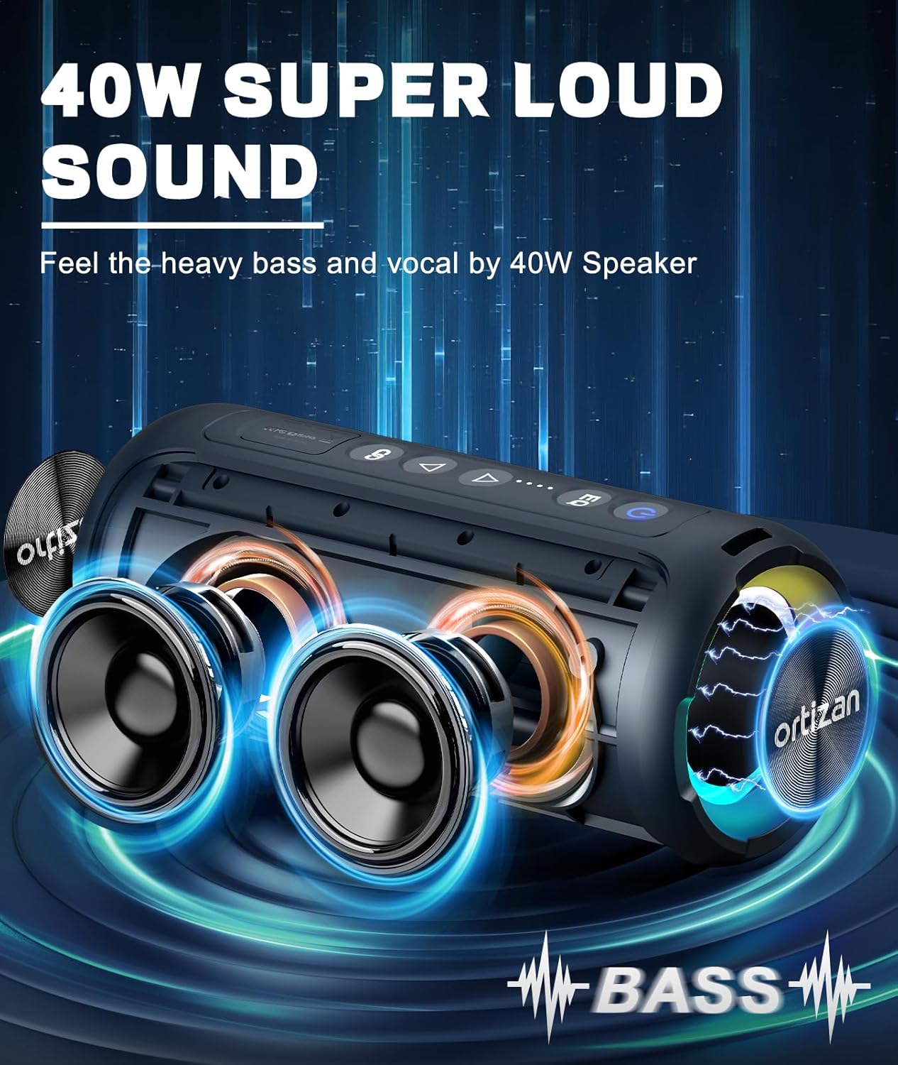 Ortizan Bluetooth Speaker, Portable Bluetooth Speaker, 40W Speakers Bluetooth Wireless with Led Light, 360° Strong bass Stereo, IPX7 Waterproof Bluetooth Speaker, 30H Playtime, Dual Pairing for Home - Image 3
