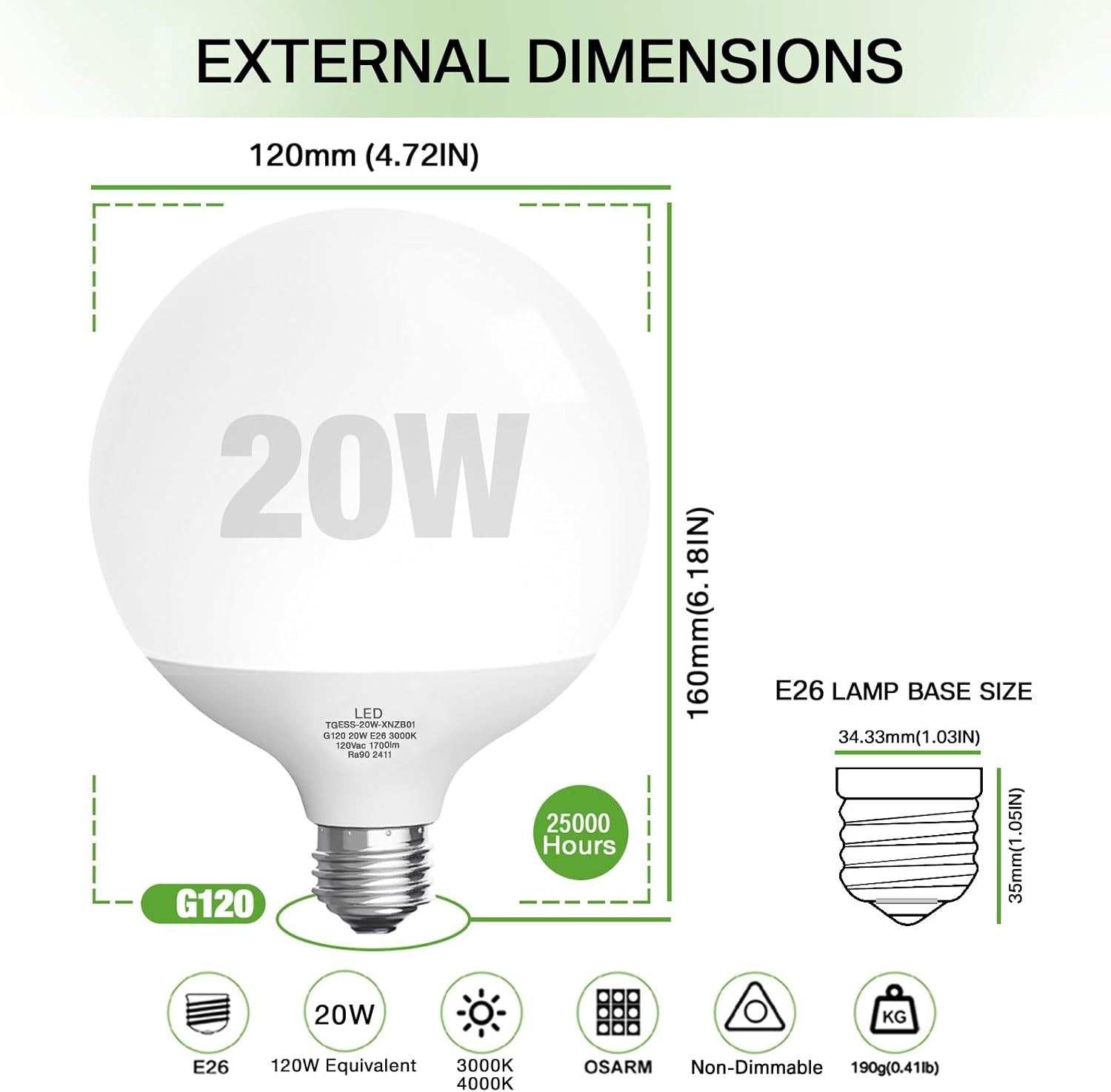 LED Light Bulb, G120 Globe Bulb,20W Globe Light Bulbs,Daylight 4000k Led Bulb,Non-Dimmable,E26 Base Large Decorative Lamp,1800 Lumer, for Indoor Room Globe Light(20w4000k No-dimmable Natural White) - Image 3