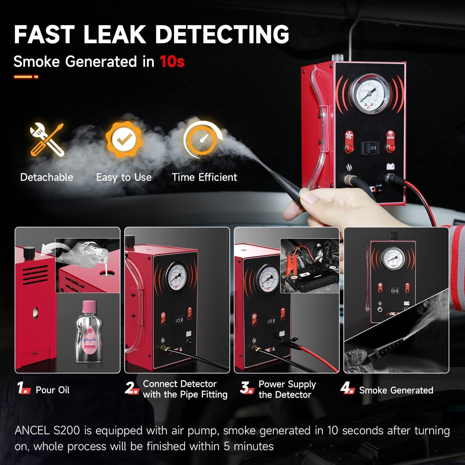 ANCEL S200 Automotive Smoke Machine with Built-in Air Pump & Advanced Overheat Protection - Fast & Accurate EVAP, Vacuum, Exhaust Leak Testing for All Cars, Motorcycles, Trucks - Image 3