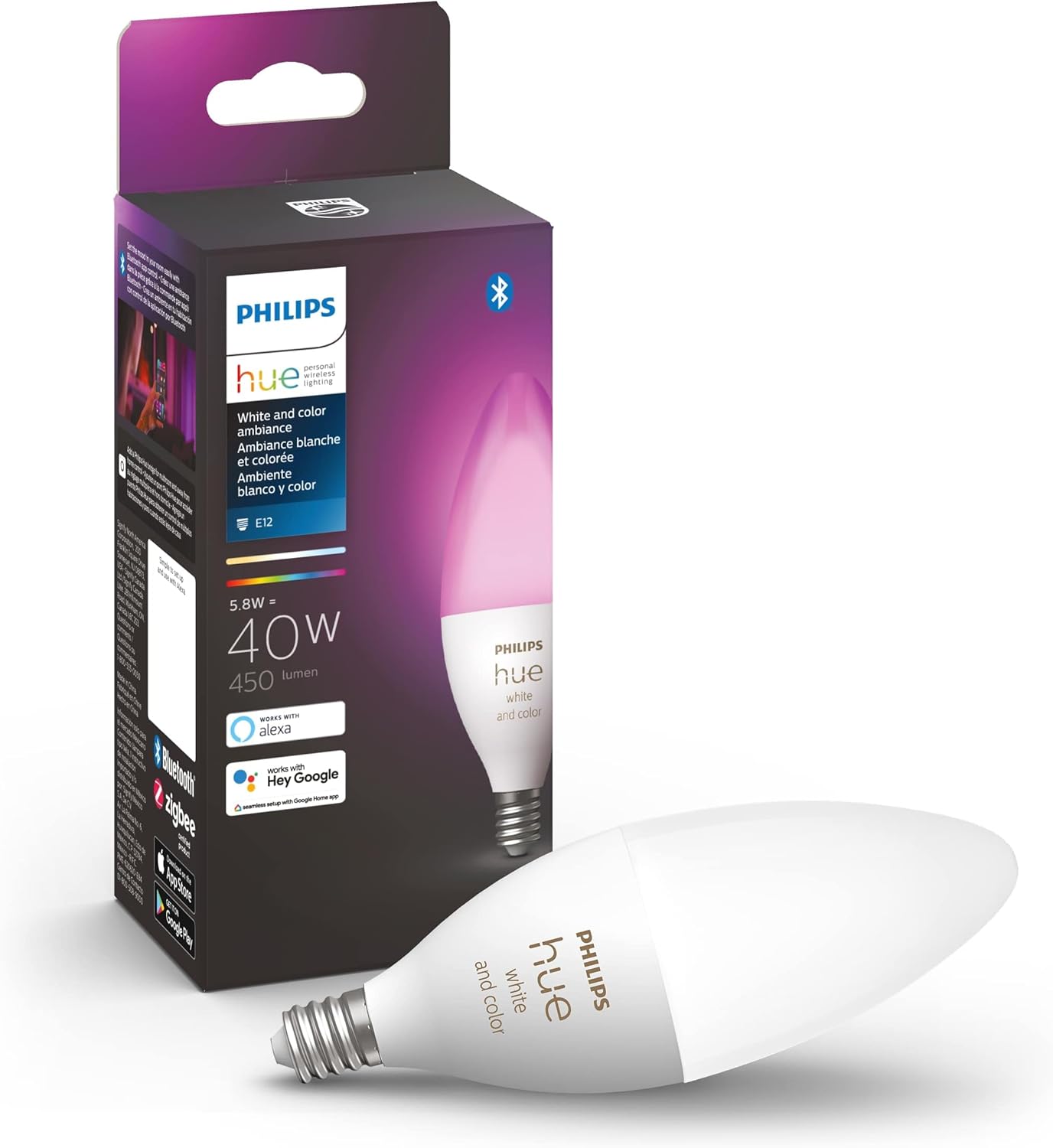 Philips Hue Smart 40W B39 Candle-Shaped LED Bulb - White and Color Ambiance Color-Changing Light - 1 Pack - 450LM - E12 - Control with Hue App - Works with Alexa, Google Assistant and Apple Homekit - Image 2