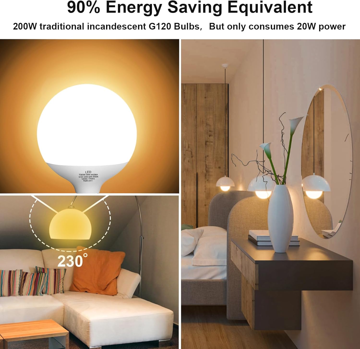 LED Light Bulb, G120 Globe Bulb,20W Globe Light Bulbs,Daylight 4000k Led Bulb,Non-Dimmable,E26 Base Large Decorative Lamp,1800 Lumer, for Indoor Room Globe Light(20w4000k No-dimmable Natural White) - Image 9