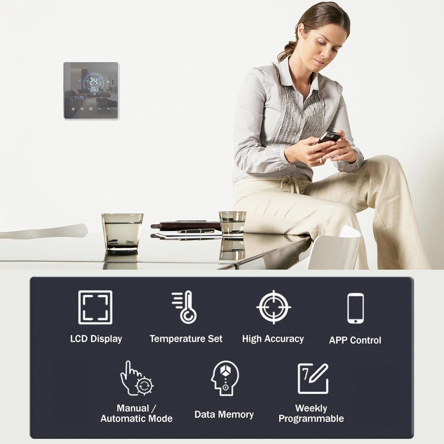 Thermostat, Manual Auto Mode Weekly Programmable Smart Thermostat Smart Home with Touch Button LCD Screen for Water Heating Systems (Electric Heating) - Image 8
