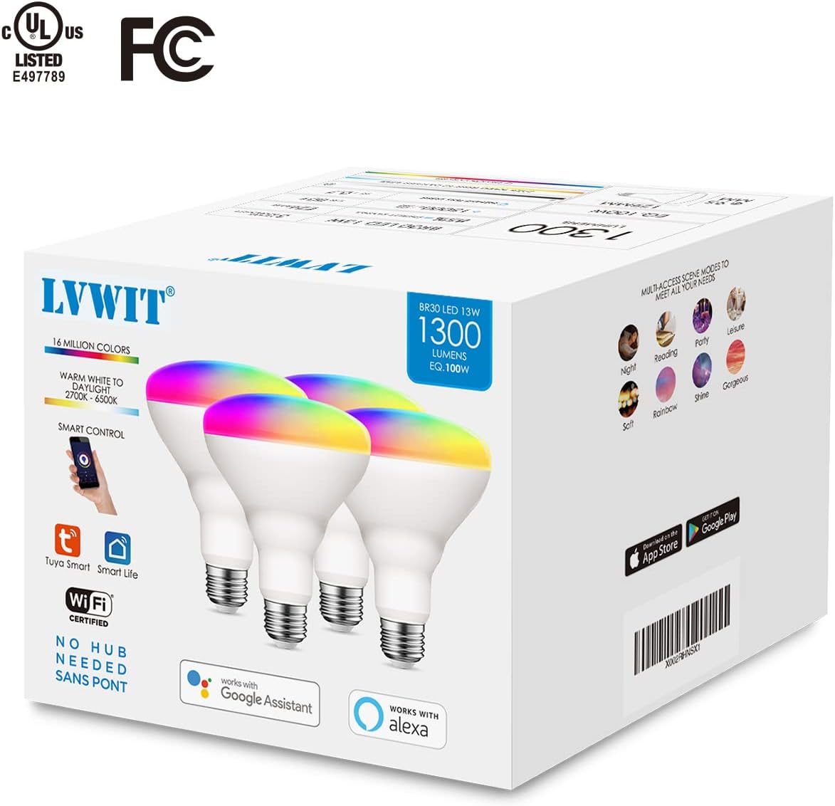 LVWIT Smart Light Bulbs Alexa, BR30 100W Equivalent, E26 Smart LED, Work with Google Assistant, Smart Life App, Tuya App, RGB Color Changing Bulb (13W), No Hub Required, 4-Pack - Image 9