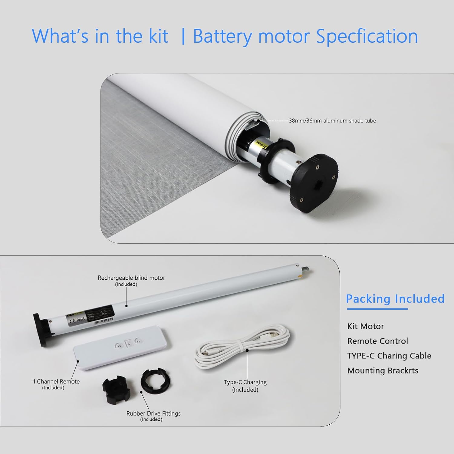 MING CHEN Smart Tubular Motors for 1.4"(36mm) 1.5"(38mm) Shade Tube Rechargeable Motorized Blinds Motor and RF Remote Control for Windows Shade Work with Alexa Google via HUB (2 Driver Crowns) - Image 5