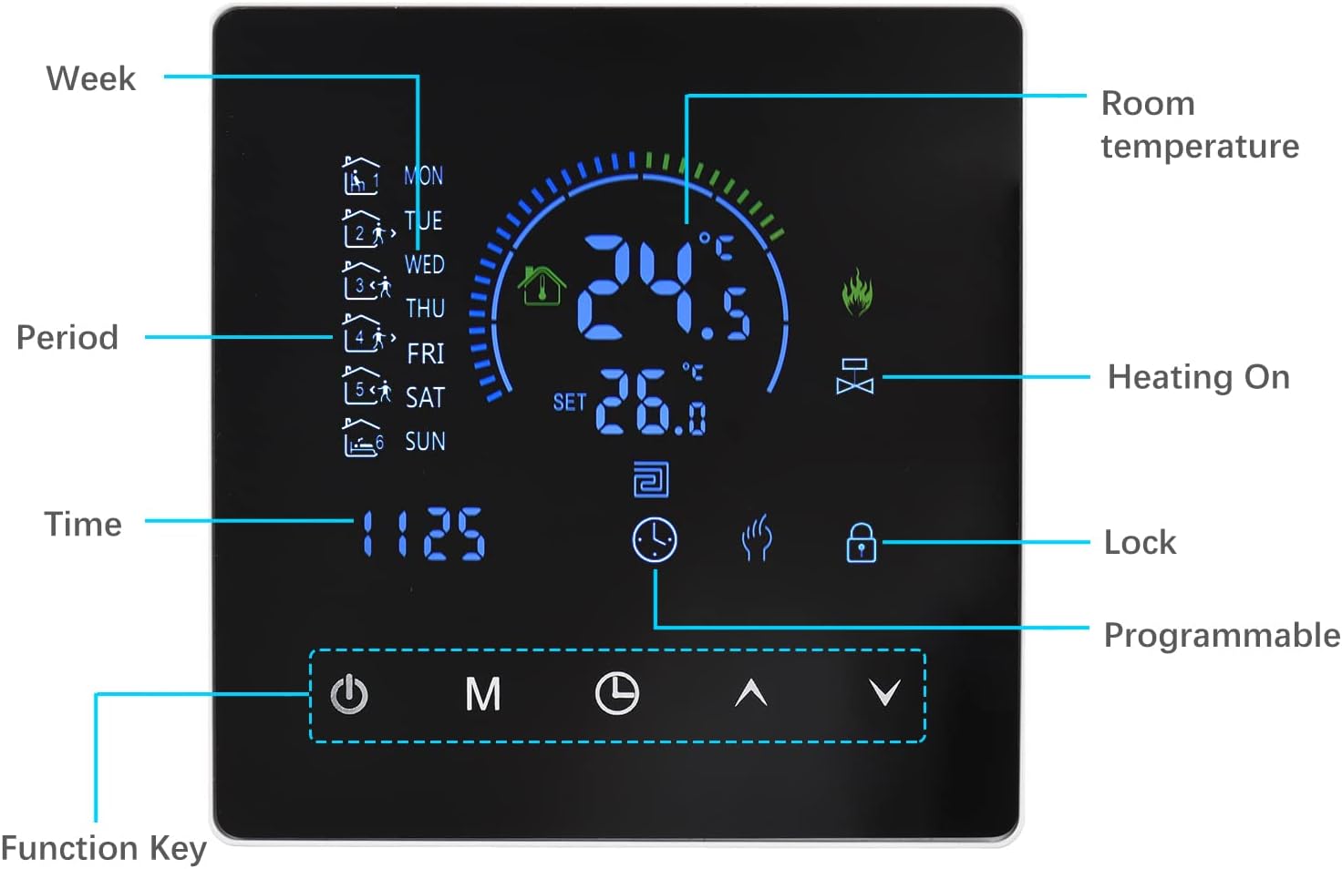 Thermostat, Manual Auto Mode Weekly Programmable Smart Thermostat Smart Home with Touch Button LCD Screen for Water Heating Systems (Electric Heating) - Image 9