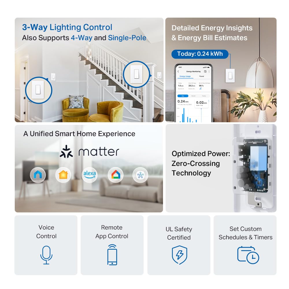 TP-Link Tapo Smart Switch, Single-Pole/3-Way/4-Way, Matter Compatible, Energy Monitoring, Neutral Wire Required, Works with Alexa, Siri, Google Home, SmartThings, UL Certified, 2.4GHZ Wi-Fi, Tapo S515 - Image 3