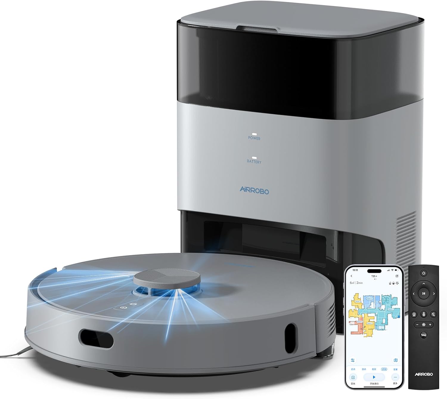 AIRROBO T25+ Robot Vacuums and Mop Combo,5500Pa Powerful Suction, Self-Emptying,60-Day Capacity, 240 Mins, Smart APP Control, Multi-Floor Mapping,Perfect for Hard Floors, Carpets, and Pet Hair - Image 2