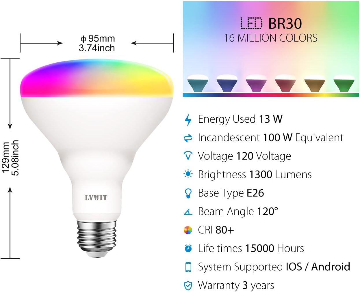 LVWIT Smart Light Bulbs Alexa, BR30 100W Equivalent, E26 Smart LED, Work with Google Assistant, Smart Life App, Tuya App, RGB Color Changing Bulb (13W), No Hub Required, 4-Pack - Image 4