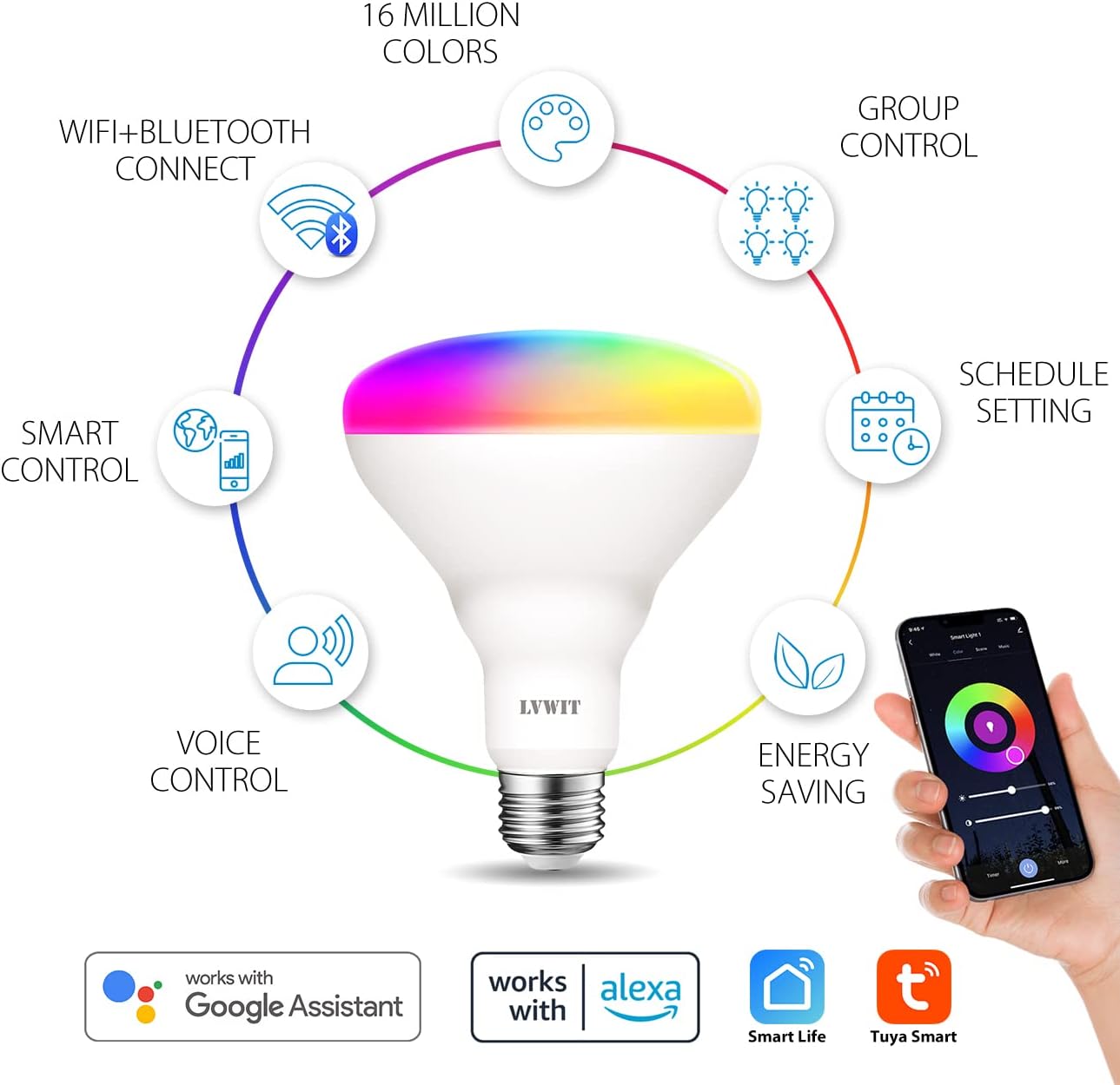 LVWIT Smart Light Bulbs Alexa, BR30 100W Equivalent, E26 Smart LED, Work with Google Assistant, Smart Life App, Tuya App, RGB Color Changing Bulb (13W), No Hub Required, 4-Pack - Image 3