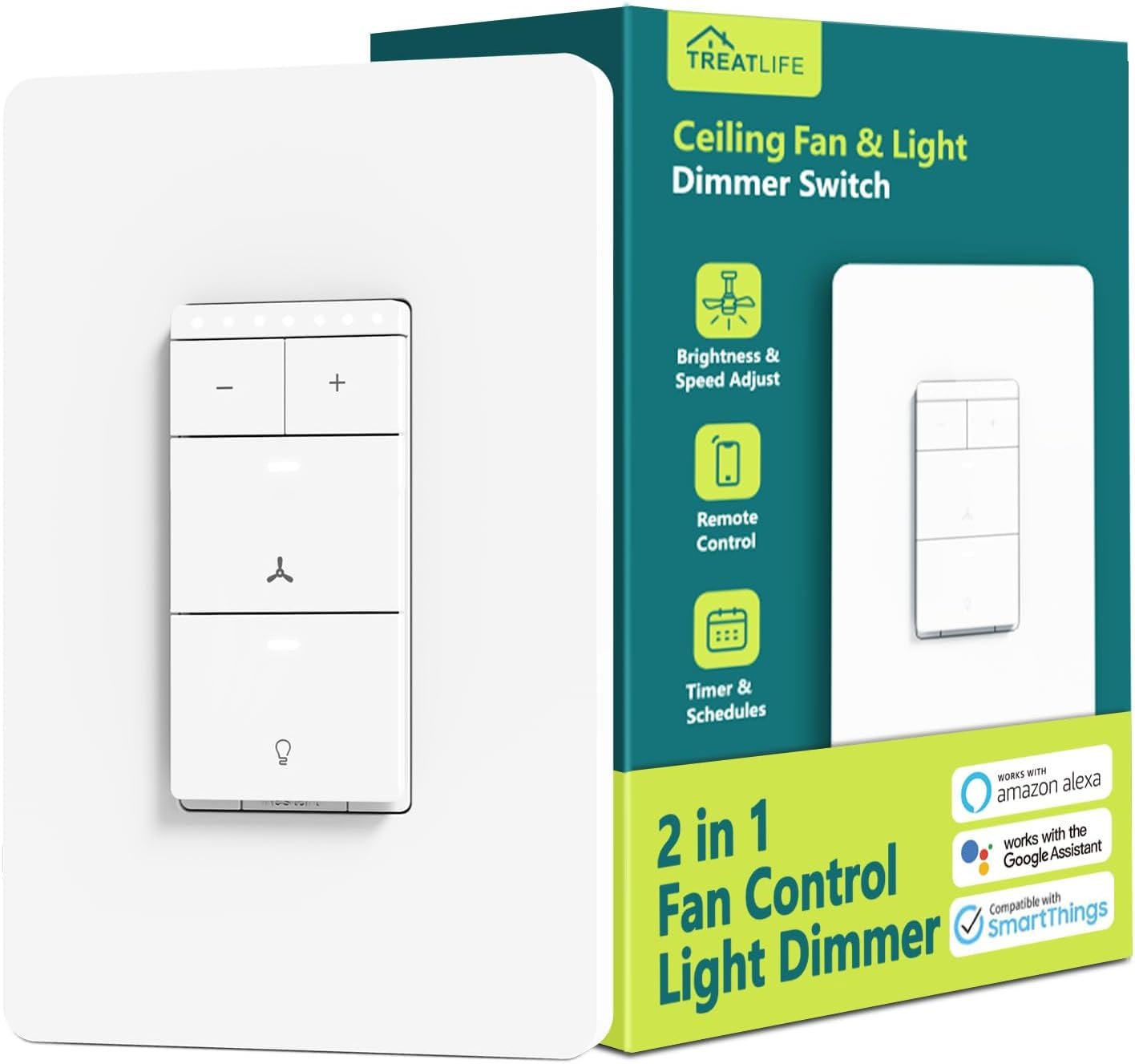 TREATLIFE Smart Ceiling Fan Control and Dimmer Light Switch, Neutral Wire Needed, Single Pole 2.4GHz WiFi Fan and Light Switch Combo, Works with Alexa, Google Home and SmartThings, Remote Control - Image 2