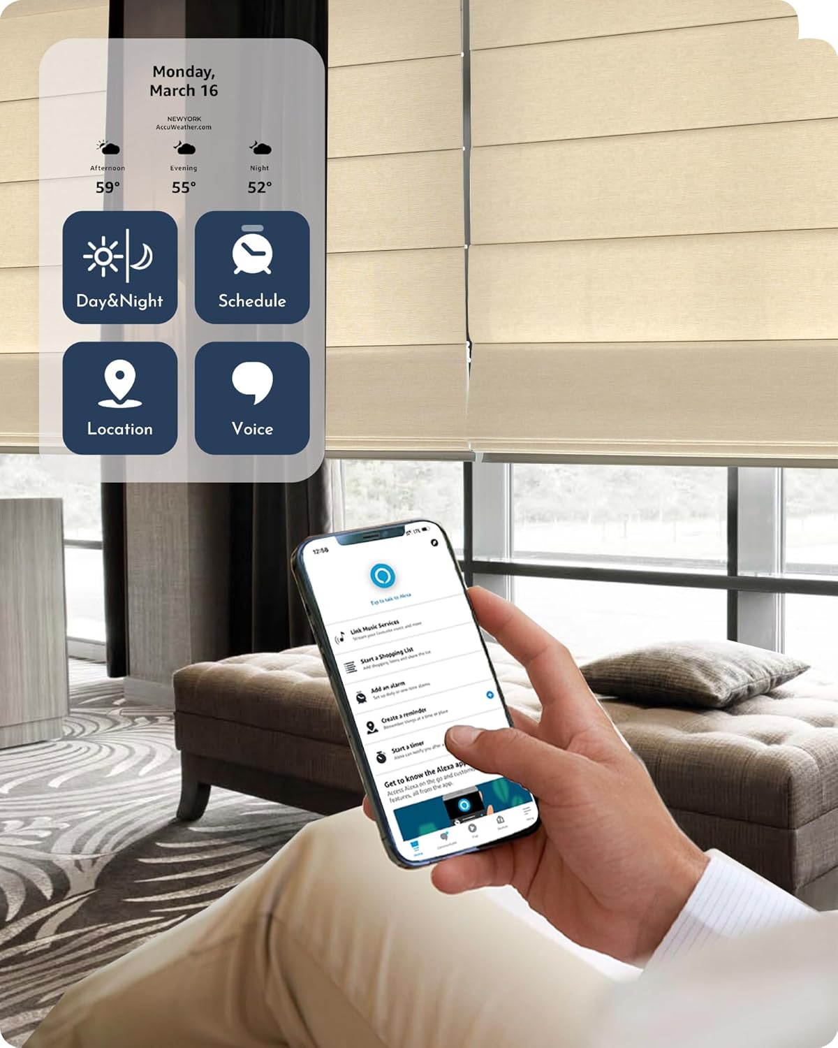 Graywind Smart Roman Shades Compatible with Alexa Google Rechargeable Motorized Window Blinds Remote Control View Visible Plain Fold Custom Size 60% Blackout Matelasse Off White - Image 4