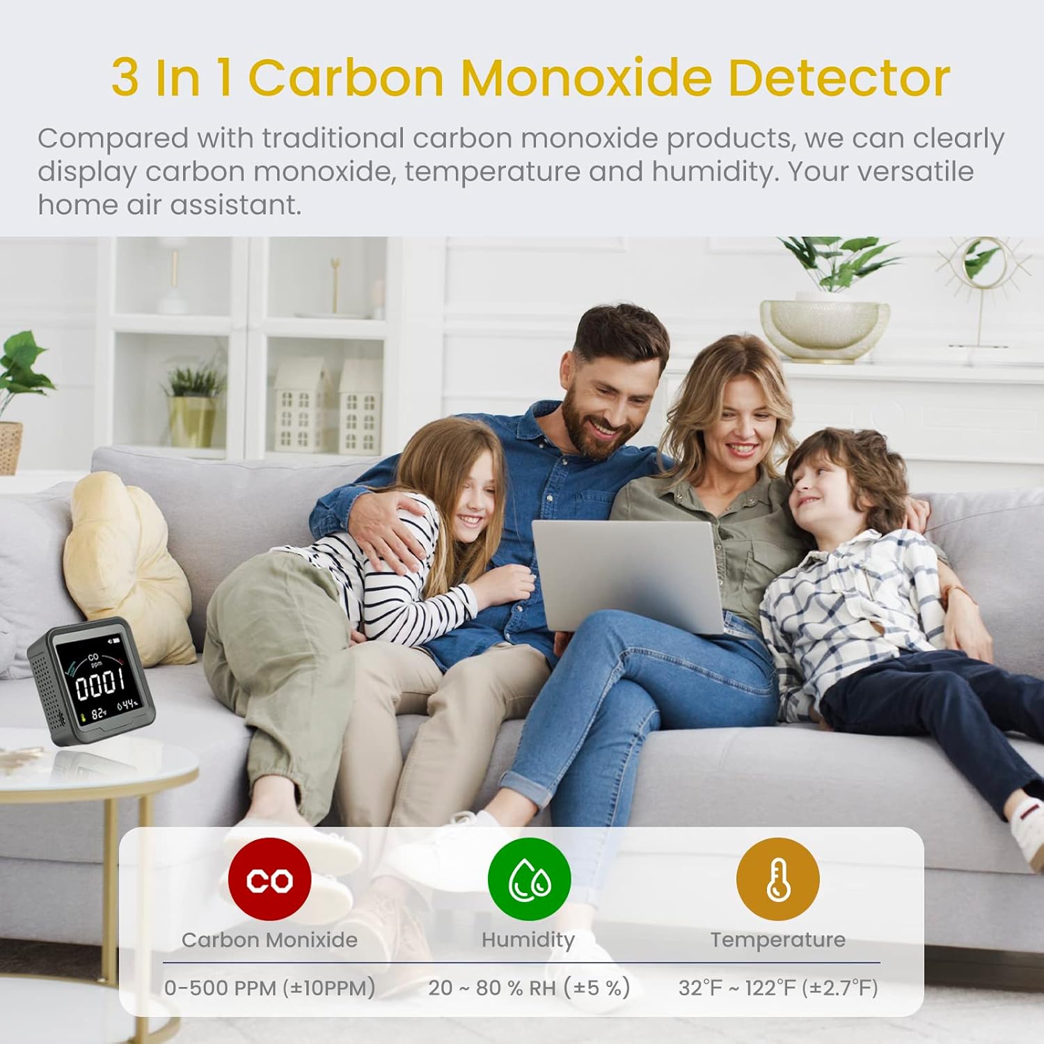 LSENLTY Carbon Monoxide Detector, High Accuracy CO Detector with Digital LCD Display, 3-in-1 Air Quality Monitor(CO, Temperature and Humidity Sensor), CO Alarm Detector for Home Kitchen Travel - Image 3