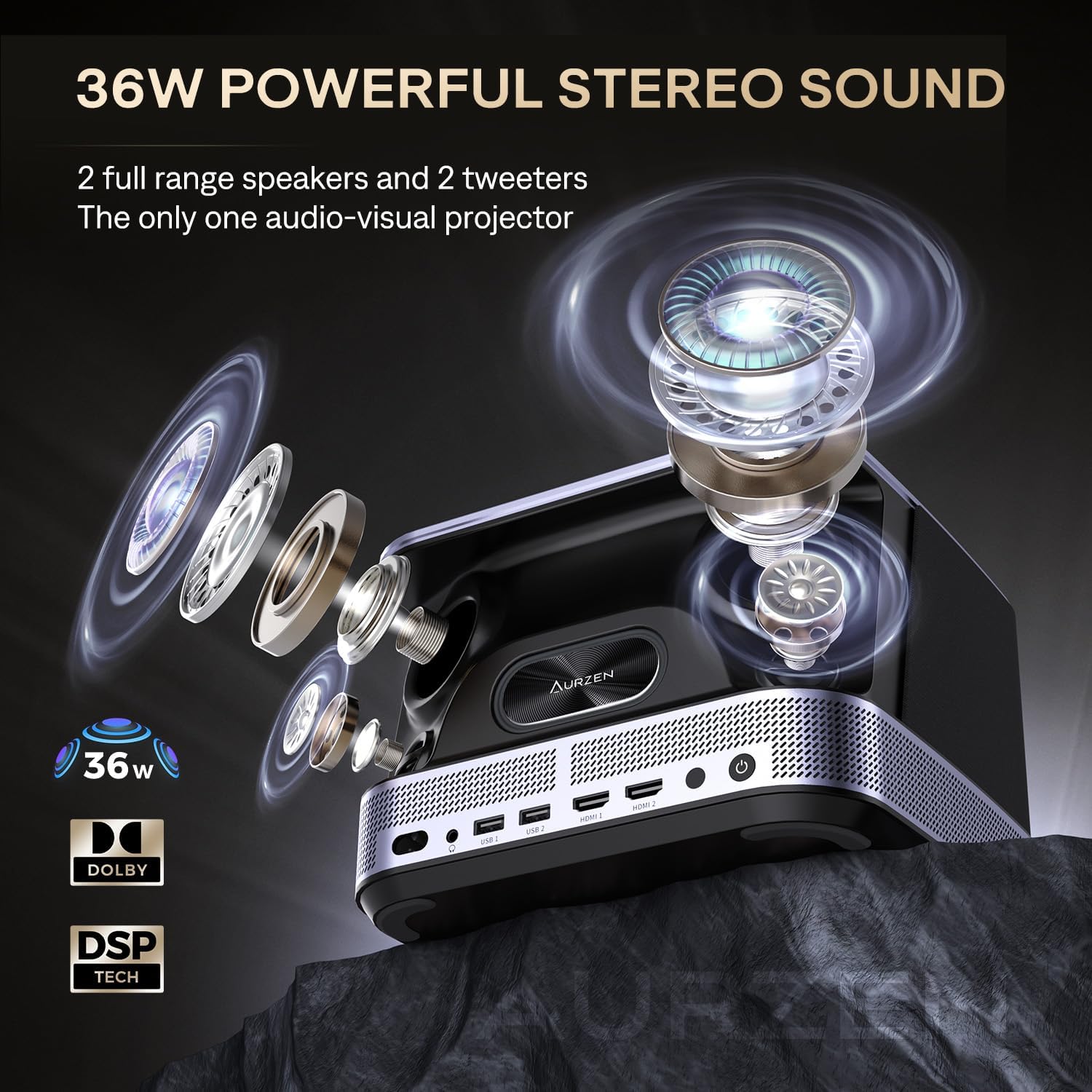 AURZEN Boom 3 Smart Projector, 4K Support, Official NetfIix, 3D DoIby Audio, 36W Speakers, AI Auto Focus & Keystone, WiFi Bluetooth 60Hz Outdoor Projecteur, Black - Image 3