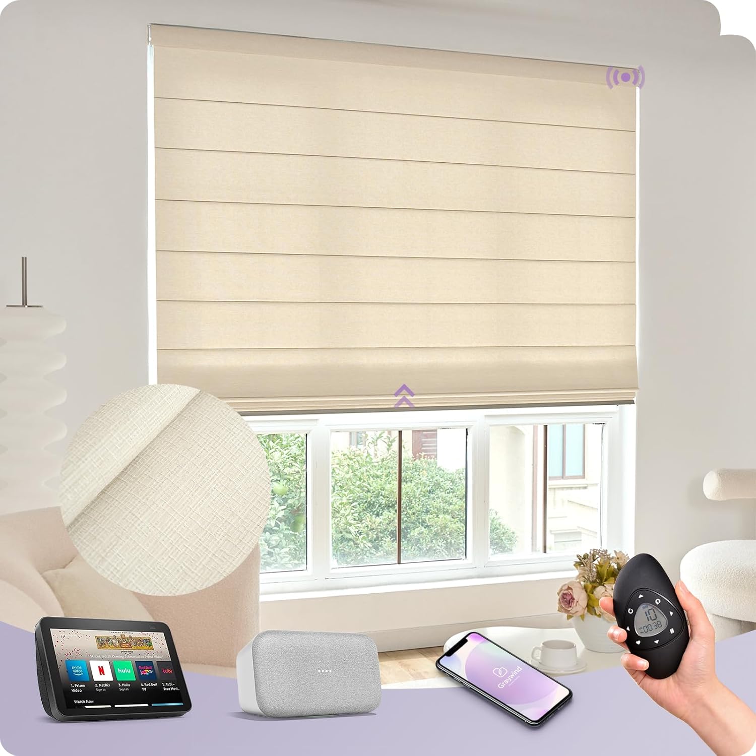 Graywind Smart Roman Shades Compatible with Alexa Google Rechargeable Motorized Window Blinds Remote Control View Visible Plain Fold Custom Size 60% Blackout Matelasse Off White - Image 2