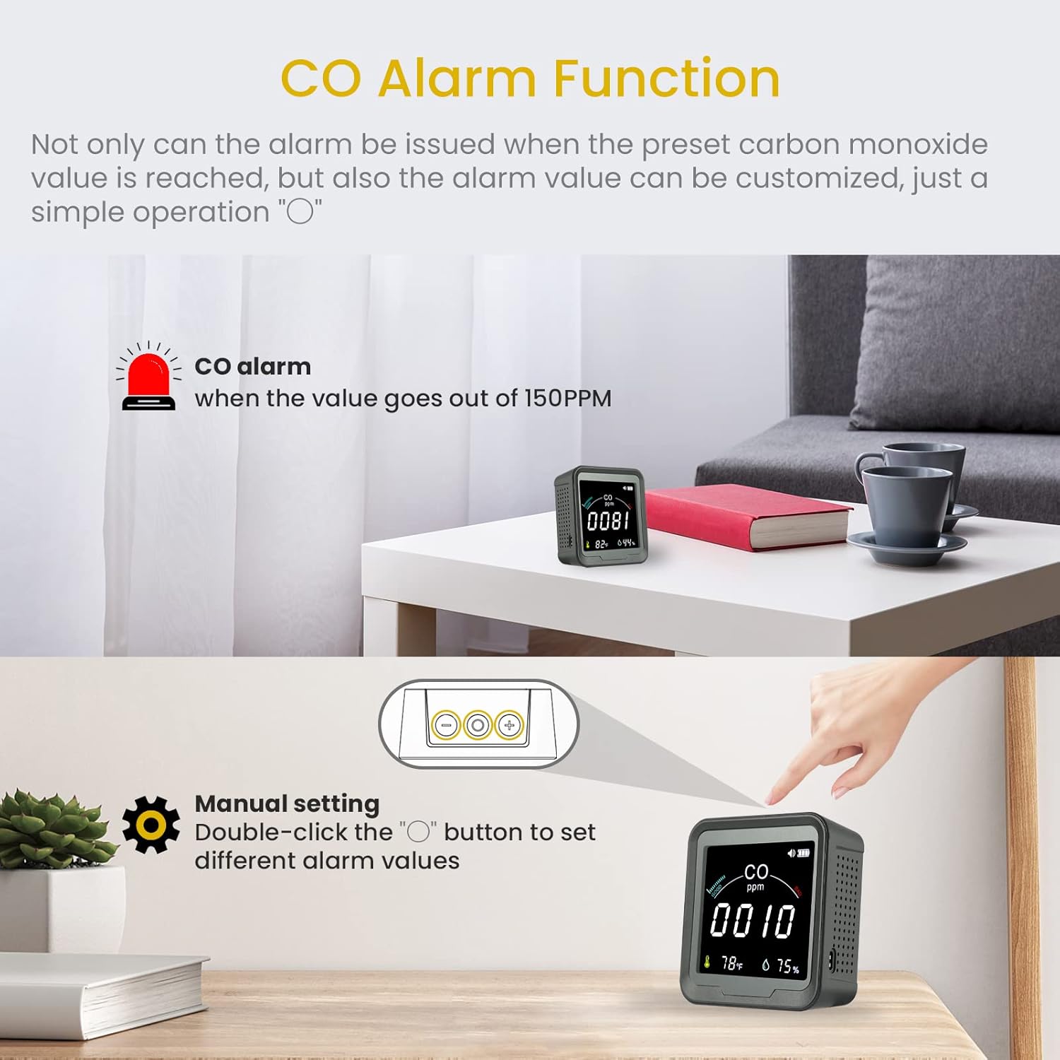 LSENLTY Carbon Monoxide Detector, High Accuracy CO Detector with Digital LCD Display, 3-in-1 Air Quality Monitor(CO, Temperature and Humidity Sensor), CO Alarm Detector for Home Kitchen Travel - Image 5