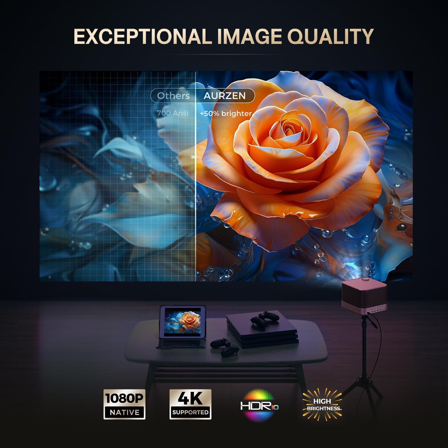 AURZEN Boom 3 Smart Projector, 4K Support, Official NetfIix, 3D DoIby Audio, 36W Speakers, AI Auto Focus & Keystone, WiFi Bluetooth 60Hz Outdoor Projecteur, Black - Image 6