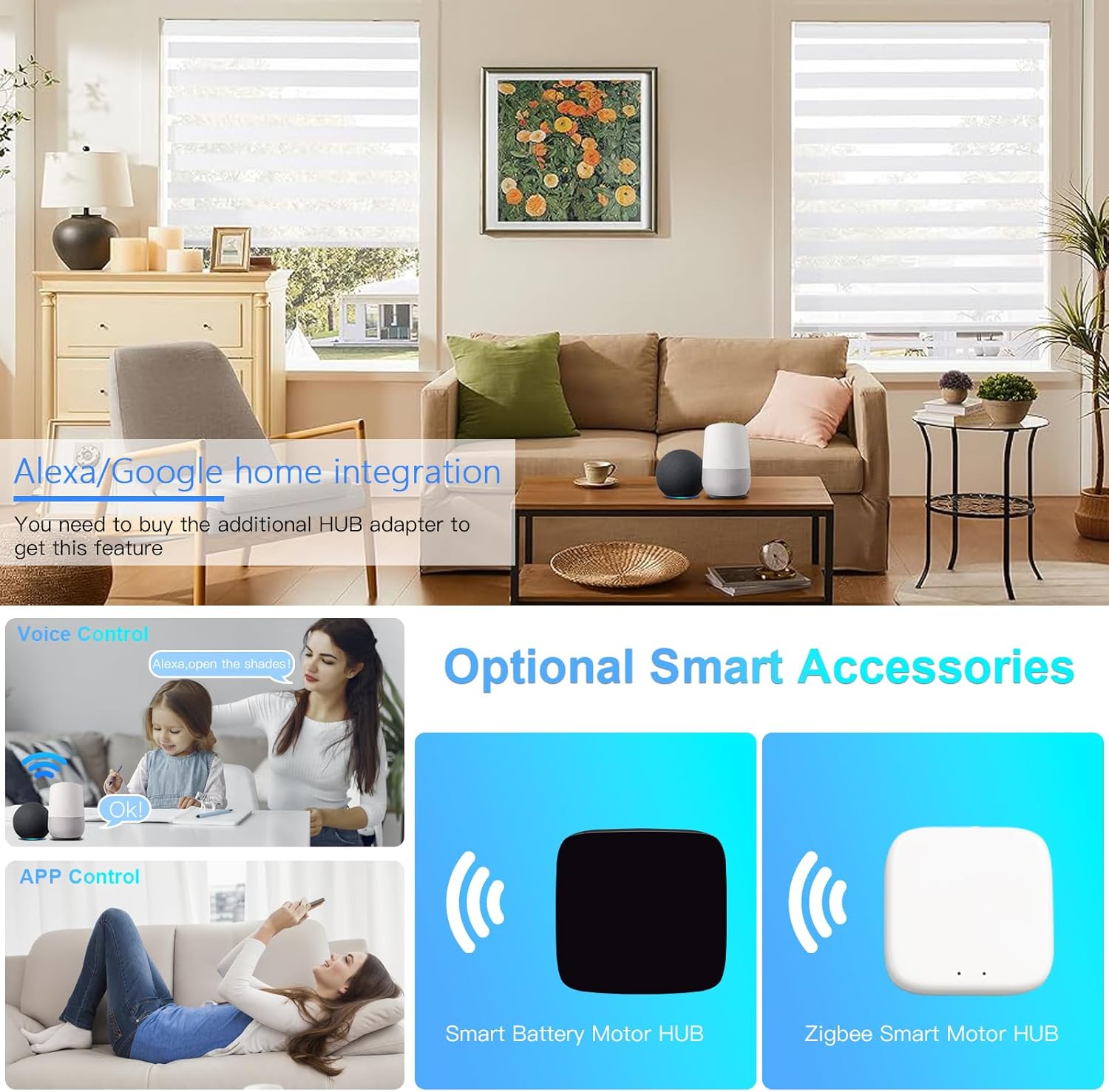 MING CHEN Smart Tubular Motors for 1.4"(36mm) 1.5"(38mm) Shade Tube Rechargeable Motorized Blinds Motor and RF Remote Control for Windows Shade Work with Alexa Google via HUB (2 Driver Crowns) - Image 3