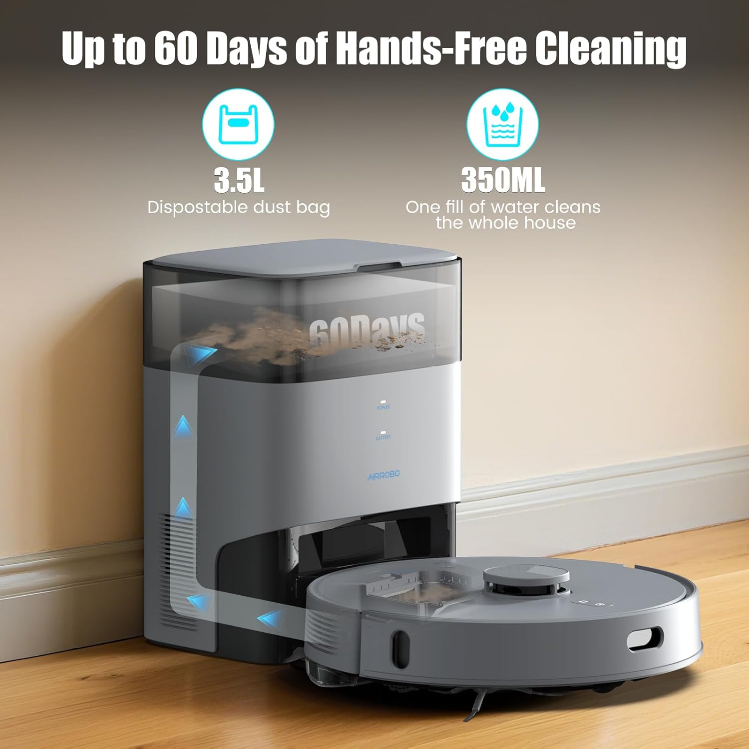 AIRROBO T25+ Robot Vacuums and Mop Combo,5500Pa Powerful Suction, Self-Emptying,60-Day Capacity, 240 Mins, Smart APP Control, Multi-Floor Mapping,Perfect for Hard Floors, Carpets, and Pet Hair - Image 3