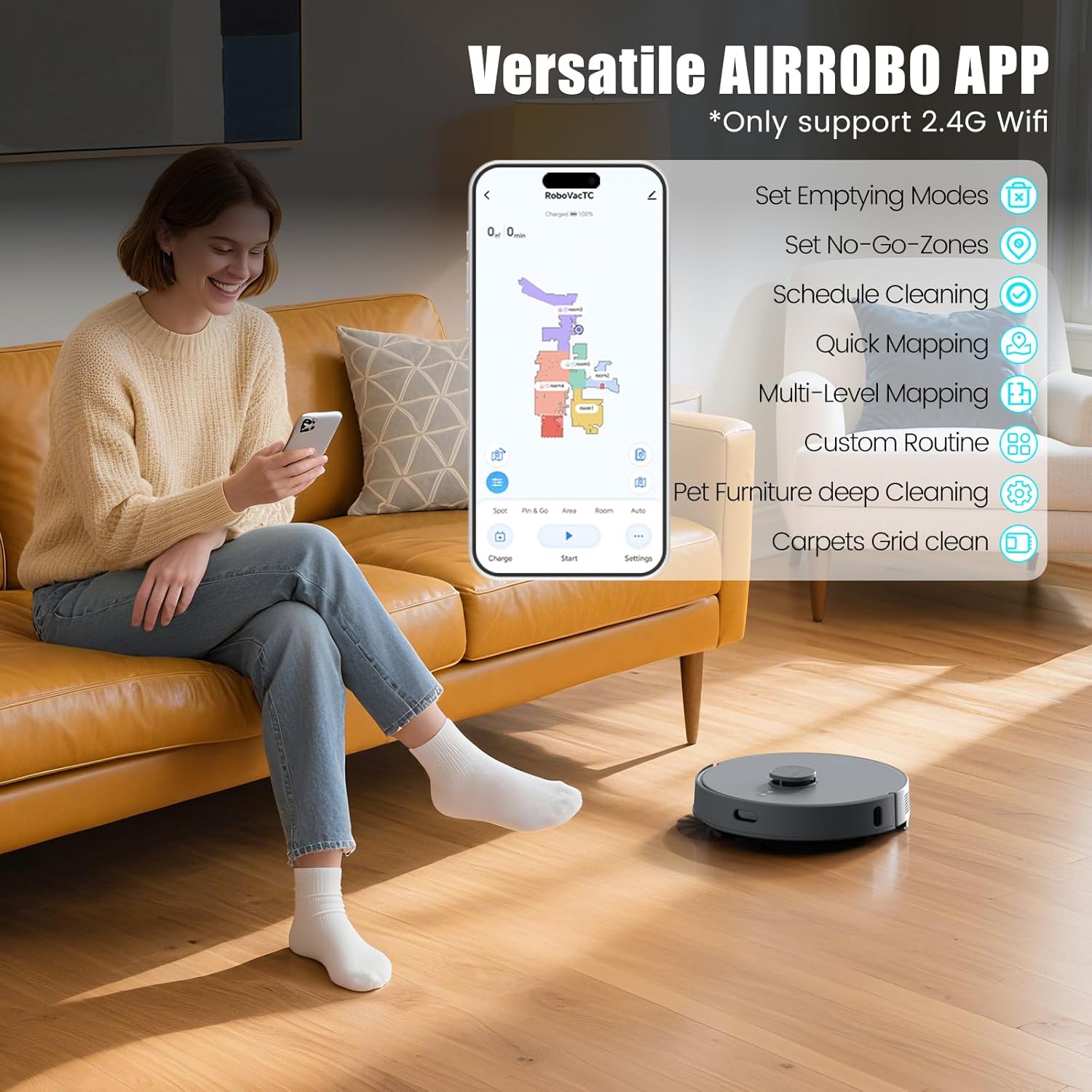 AIRROBO T25+ Robot Vacuums and Mop Combo,5500Pa Powerful Suction, Self-Emptying,60-Day Capacity, 240 Mins, Smart APP Control, Multi-Floor Mapping,Perfect for Hard Floors, Carpets, and Pet Hair - Image 9