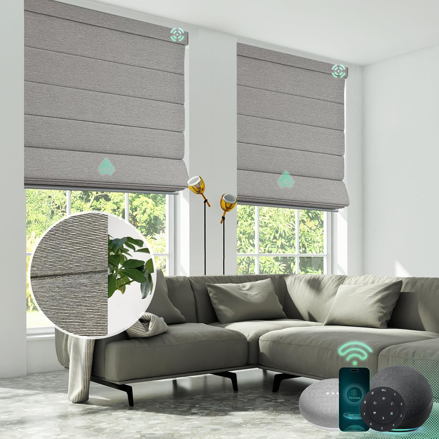 Yoolax Motorized Roman Shade Blackout Classic Fold Smart Blind Capable with Alexa & Google Home, Remote Control Electric Window Shade Customize (Wood Stripe) - Image 2
