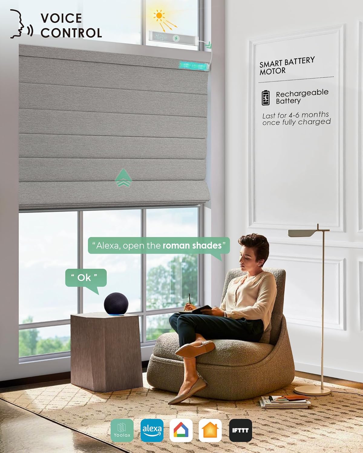 Yoolax Motorized Roman Shade Blackout Classic Fold Smart Blind Capable with Alexa & Google Home, Remote Control Electric Window Shade Customize (Wood Stripe) - Image 4