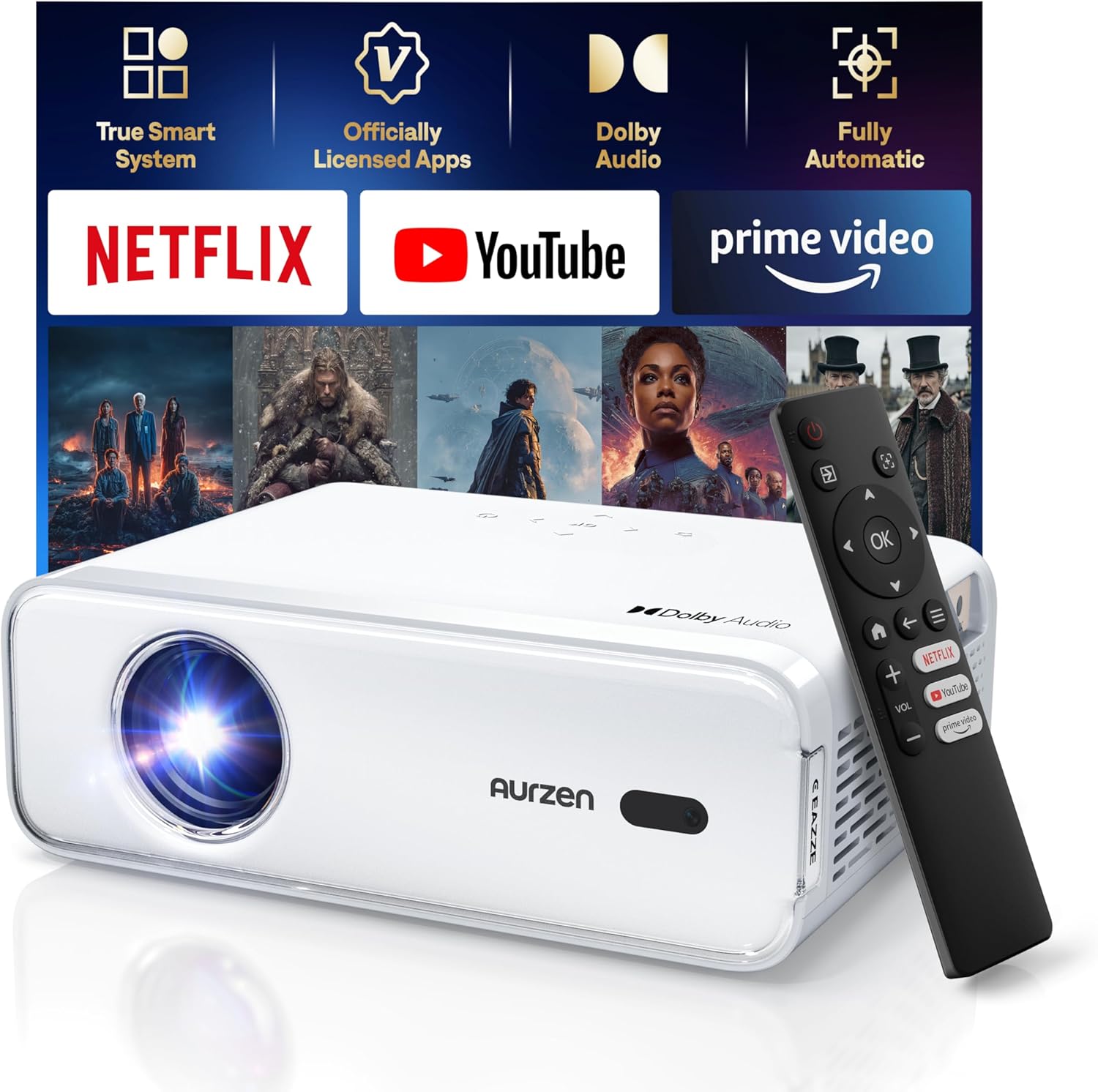 Netflix-Officially Projector, Aurzen Eazze D1 4K Supported Smart Projector with HDR10, DoIby Audio, Auto Focus, WiFi Bluetooth Portable Projecteur for Outdoor, White - Image 2
