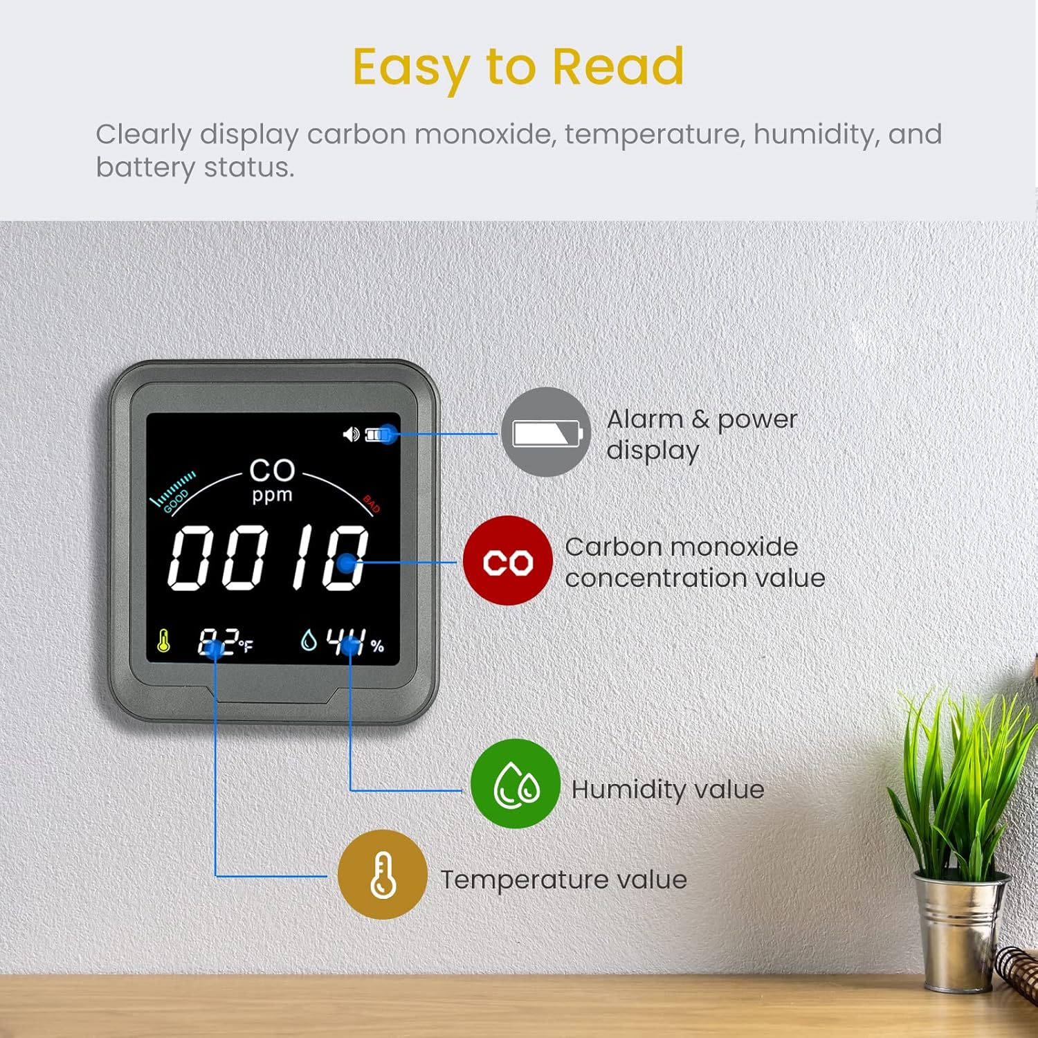 LSENLTY Carbon Monoxide Detector, High Accuracy CO Detector with Digital LCD Display, 3-in-1 Air Quality Monitor(CO, Temperature and Humidity Sensor), CO Alarm Detector for Home Kitchen Travel - Image 8
