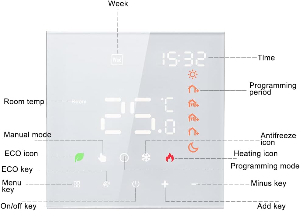 GEOINU Smart Tuya WiFi Ther-mostat Voice Control 3A Digital Programmable LCD Display Touchscreen Underfloor Heating Tempe-rature Controller Digital Intelligent Wall Ther-mostat for Water Heating - Image 10
