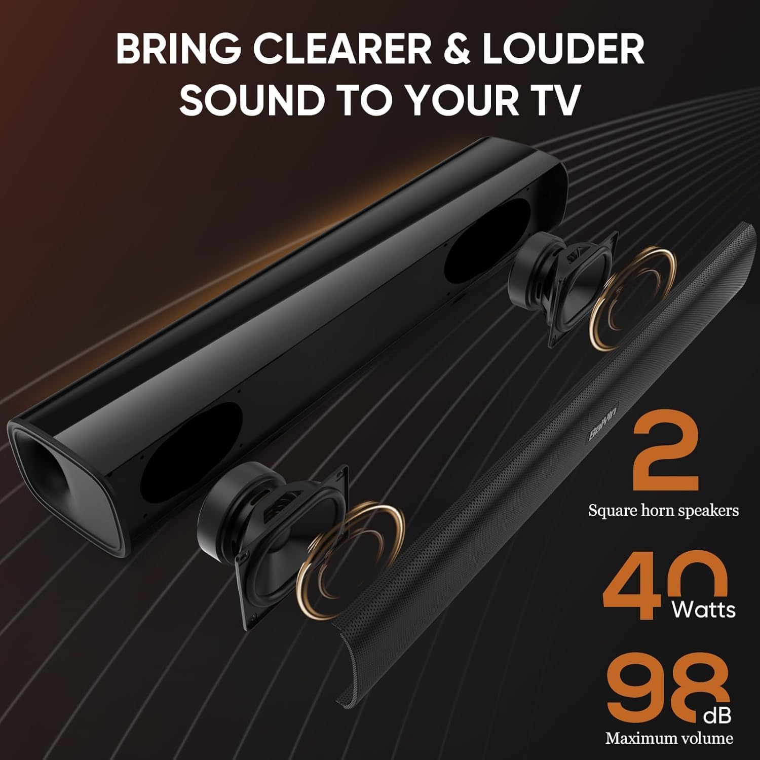 Saiyin Compact Sound Bar,40 Watts Small Soundbar for TV,Surround Sound System TV Sound Bar Speakers with Bluetooth/Optical/AUX Connection for PC/Gaming/Projectors,17inch - Image 4