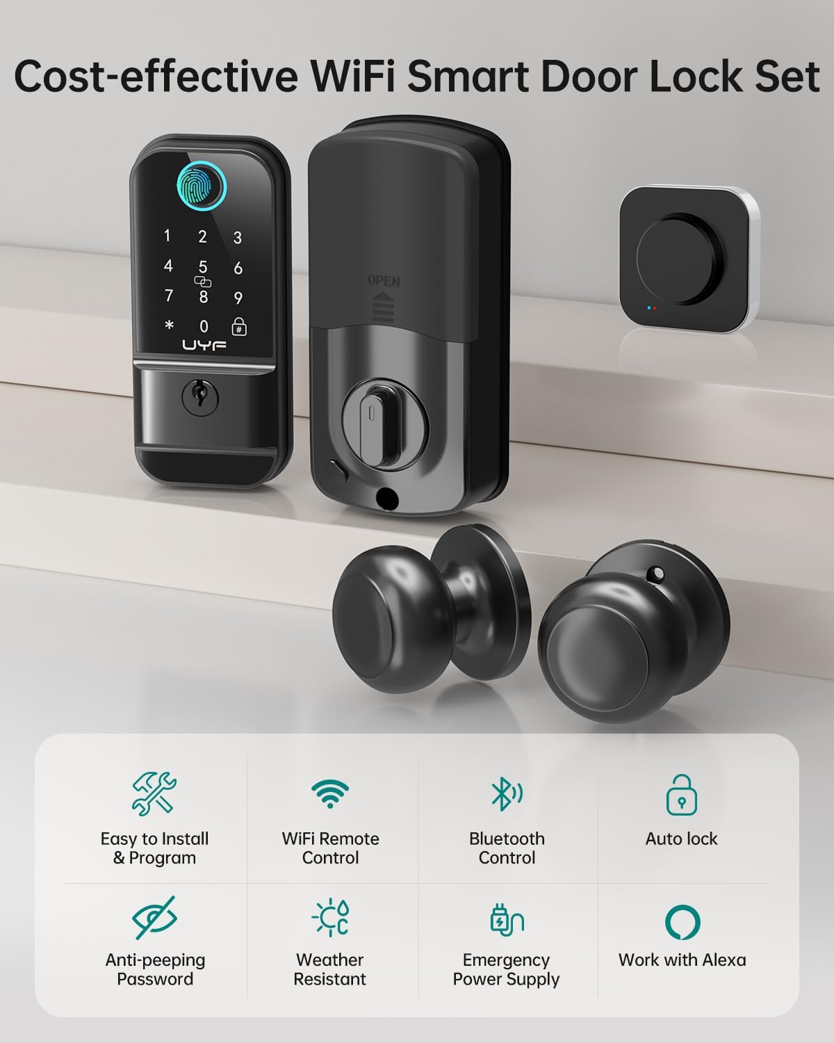 UYF WiFi Smart Door Lock Set – Keyless Entry Fingerprint Deadbolt Lock with 2 Knobs, Gateway Included,Auto Lock, Touchscreen Keypad, Alexa Smartphone Control, Aluminum Alloy Black for Home Security - Image 3