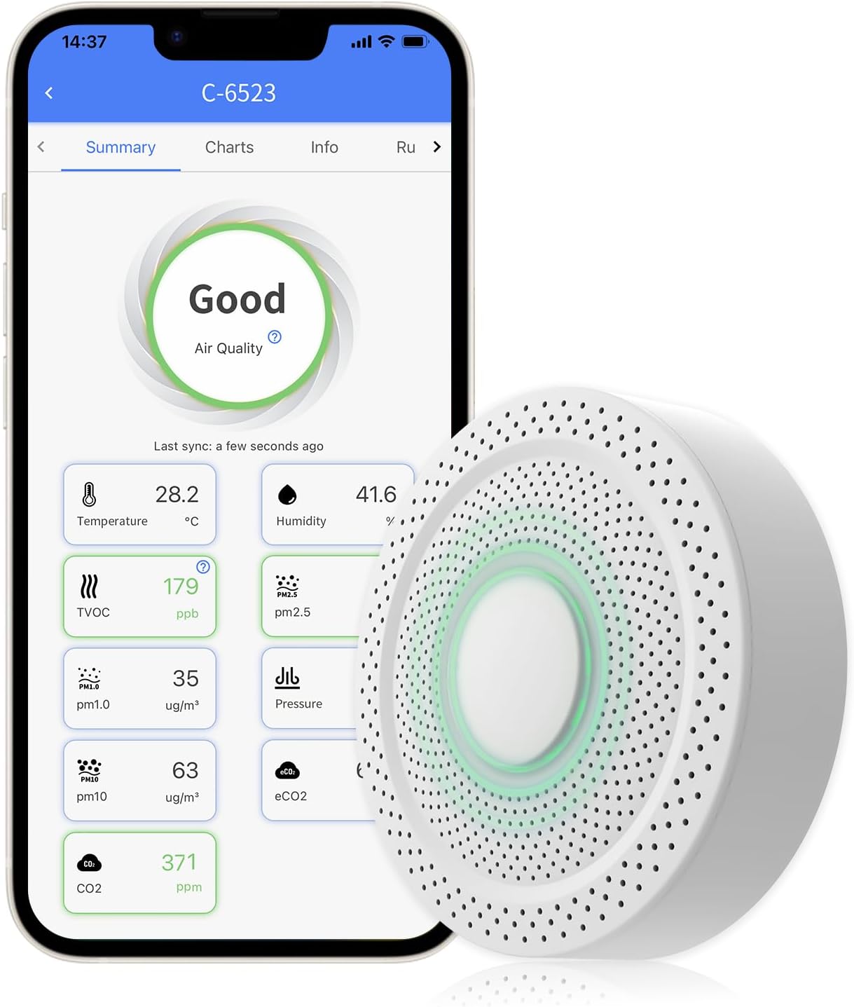 UbiBot AQS1 9-in-1 Air Quality Monitor - PM1/2.5/10, TVOC, CO2/CO2e, Temp/RH/Air Pressure, Multiple Alerts, WiFi/RS485 Connectivity, Free Public Cloud Platform, Support Local Network Deployment. - Image 2