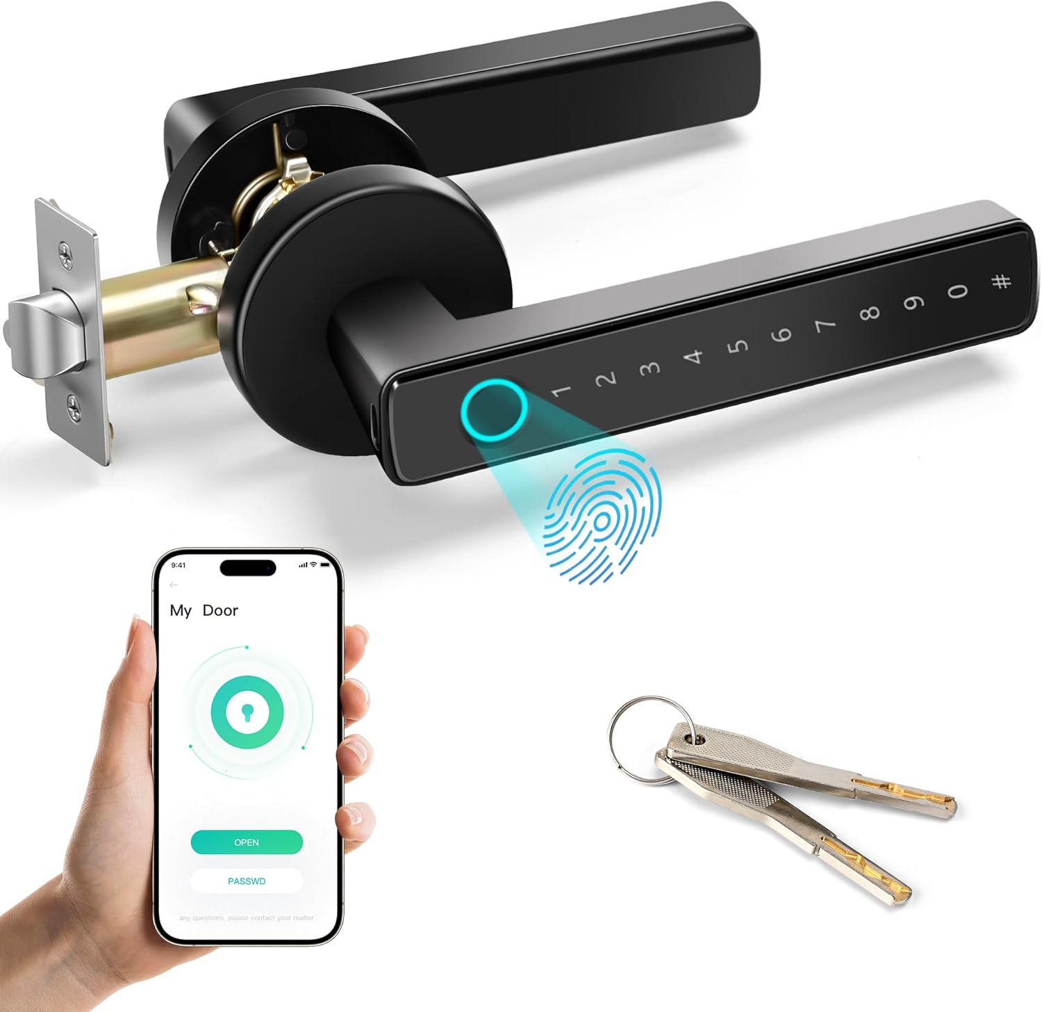 UCMDA Smart Lock - Fingerprint Door Lock with Handle, Keyless Entry Door Knob with APP/Code/Keys/Fingerprint, Electronic Keypad Deadbolt Lock for Home Hotel, Door Lock Set with Bluetooth Control,Black - Image 2