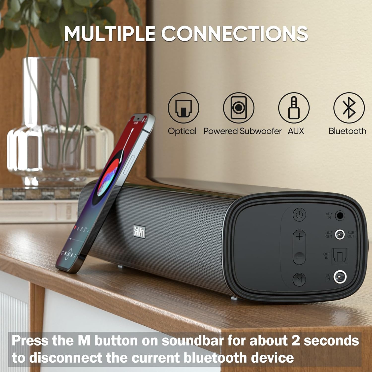 Saiyin Compact Sound Bar,40 Watts Small Soundbar for TV,Surround Sound System TV Sound Bar Speakers with Bluetooth/Optical/AUX Connection for PC/Gaming/Projectors,17inch - Image 6