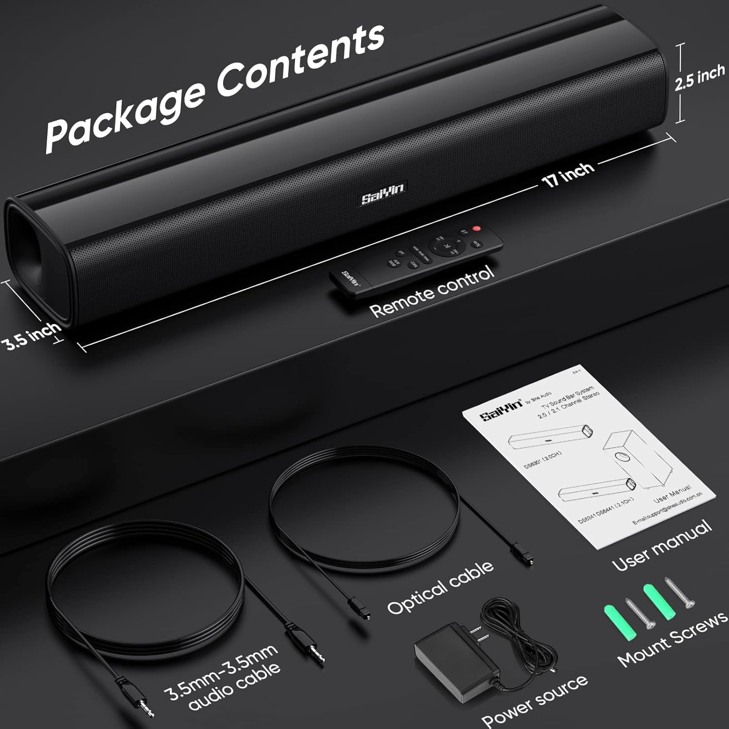 Saiyin Compact Sound Bar,40 Watts Small Soundbar for TV,Surround Sound System TV Sound Bar Speakers with Bluetooth/Optical/AUX Connection for PC/Gaming/Projectors,17inch - Image 7