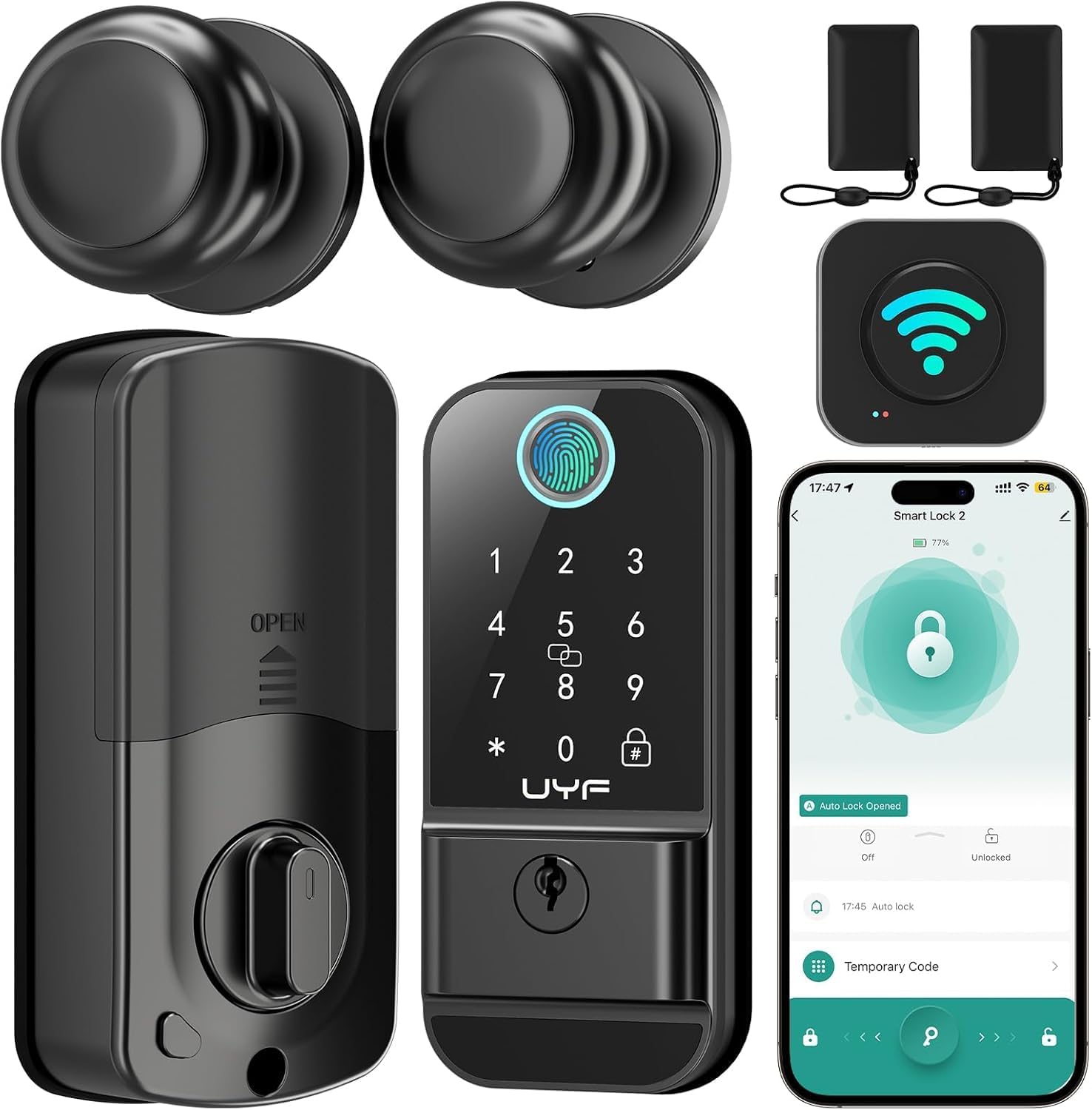 UYF WiFi Smart Door Lock Set – Keyless Entry Fingerprint Deadbolt Lock with 2 Knobs, Gateway Included,Auto Lock, Touchscreen Keypad, Alexa Smartphone Control, Aluminum Alloy Black for Home Security - Image 2