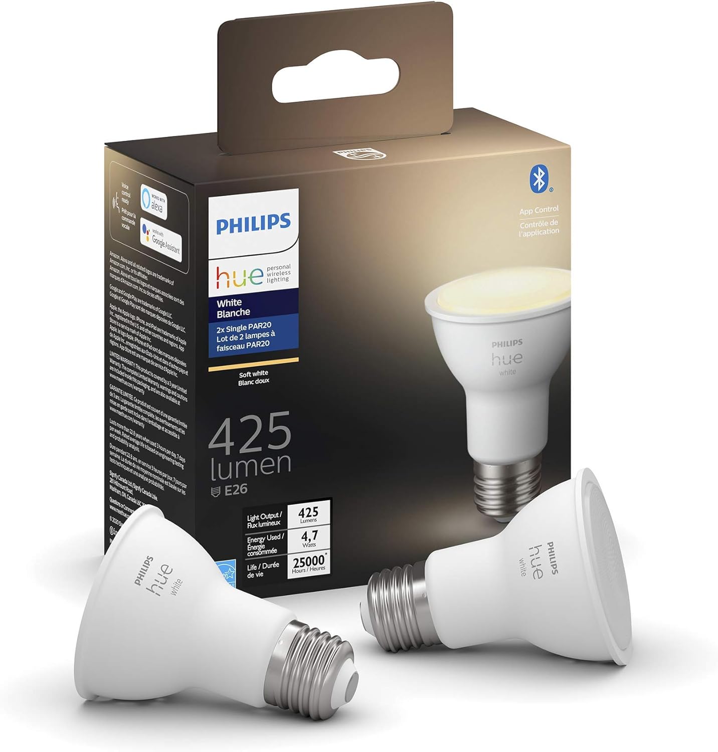 Philips Hue White 4.7W PAR20 Base E26 LED Smart Bulb, Dimmable, Bluetooth & Zigbee Compatible, Voice Activated with Alexa, 2-Pack - Image 2