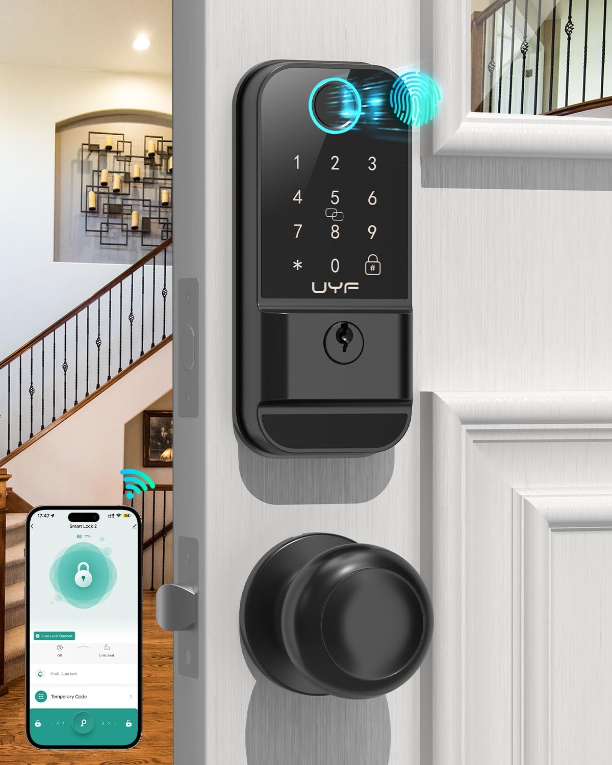 UYF WiFi Smart Door Lock Set – Keyless Entry Fingerprint Deadbolt Lock with 2 Knobs, Gateway Included,Auto Lock, Touchscreen Keypad, Alexa Smartphone Control, Aluminum Alloy Black for Home Security - Image 4