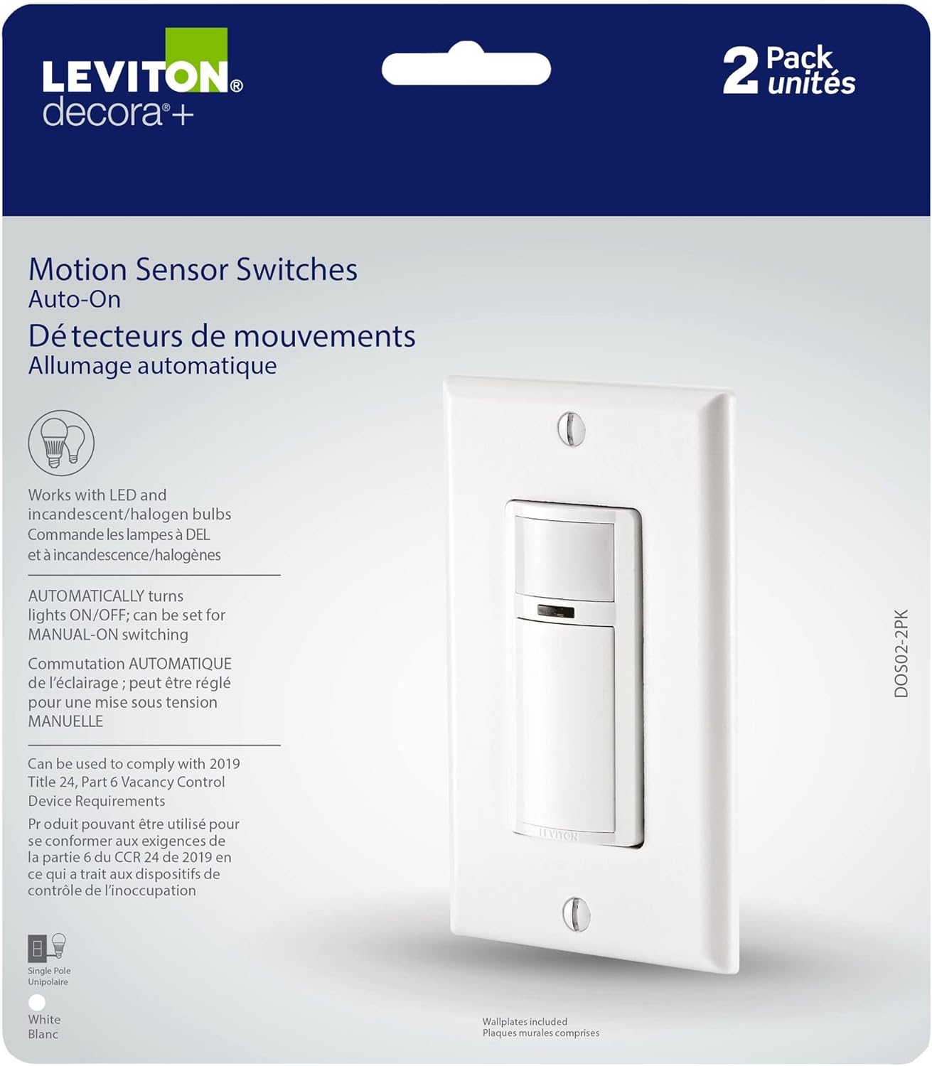 Leviton 2-Pack Decora Occupancy Motion Sensor Light Switch, Auto-On, 2A, Residential Grade, Single Pole, DOS02-2PK, White - Image 3