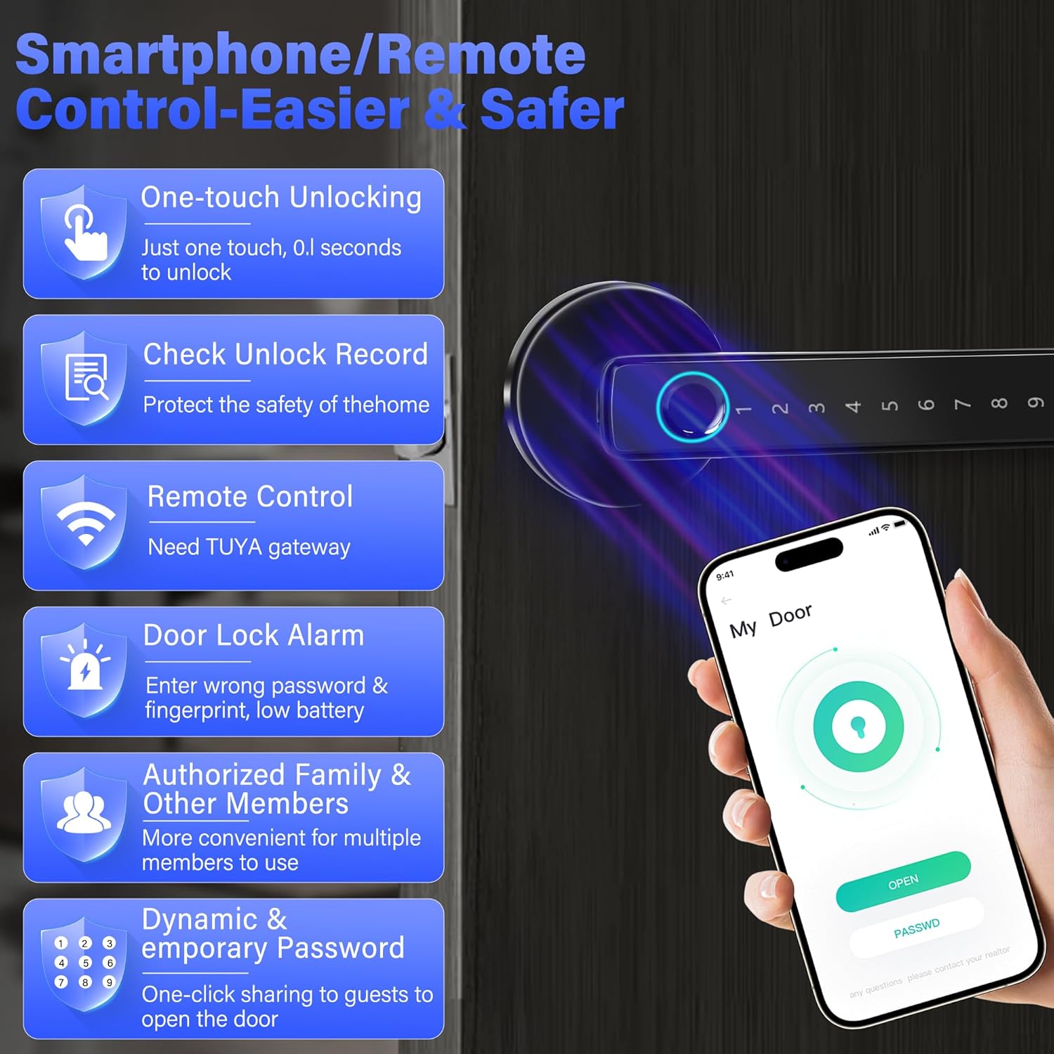 UCMDA Smart Lock - Fingerprint Door Lock with Handle, Keyless Entry Door Knob with APP/Code/Keys/Fingerprint, Electronic Keypad Deadbolt Lock for Home Hotel, Door Lock Set with Bluetooth Control,Black - Image 4