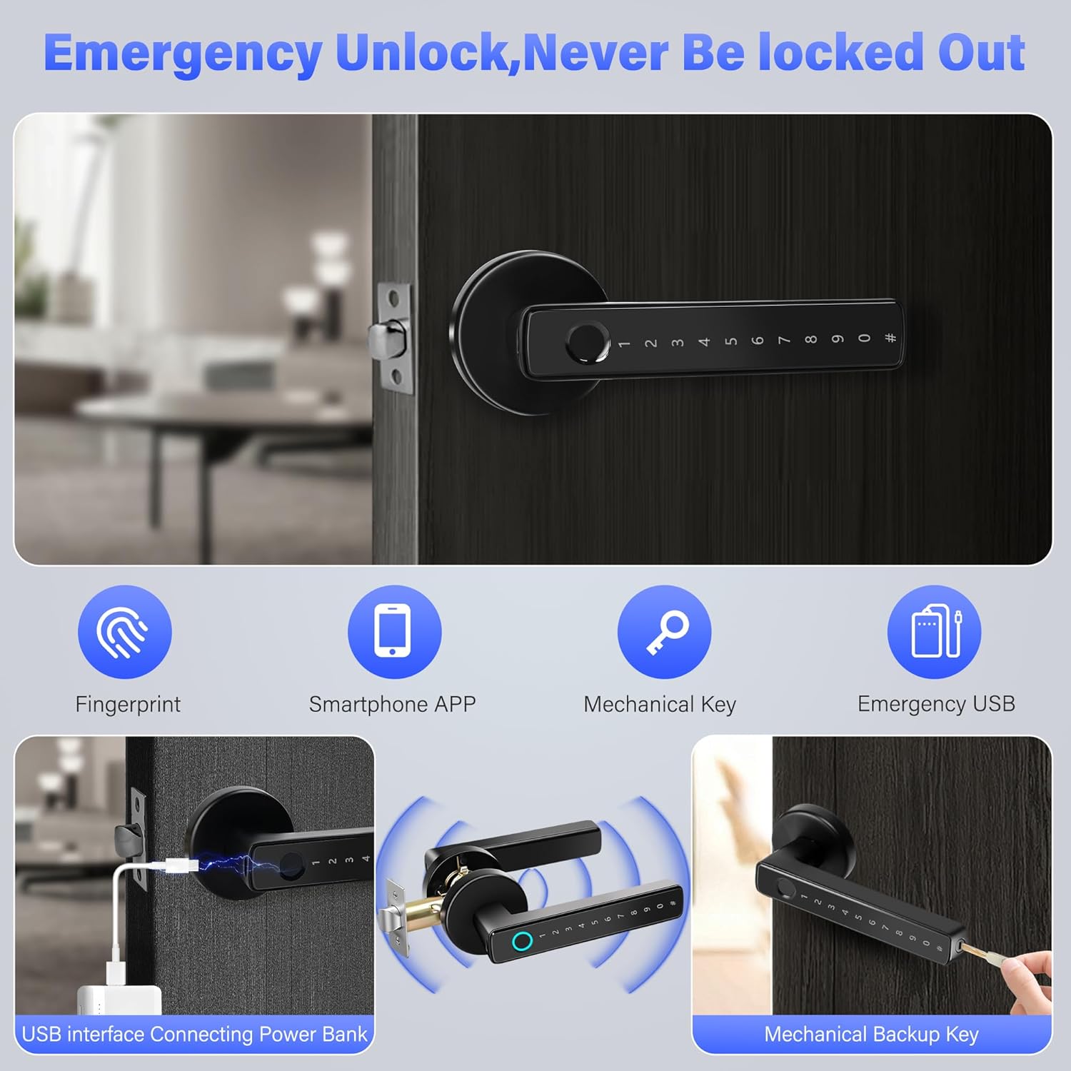 UCMDA Smart Lock - Fingerprint Door Lock with Handle, Keyless Entry Door Knob with APP/Code/Keys/Fingerprint, Electronic Keypad Deadbolt Lock for Home Hotel, Door Lock Set with Bluetooth Control,Black - Image 5