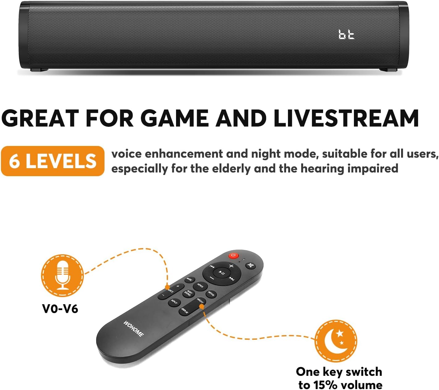 Wohome 2.1ch Small Sound Bars for TV with 6 Levels Voice Enhancement, Built-in Subwoofer, 16 Inches Bluetooth 5.3 Soundbar Speakers with Optical/AUX/USB Connection, S100 (Light Black) - Image 4