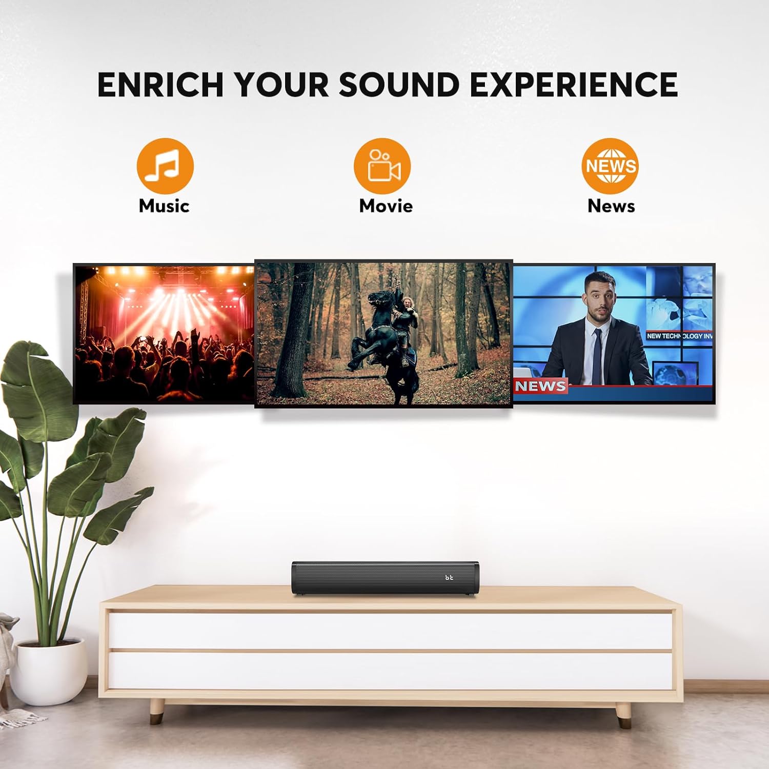 Wohome 2.1ch Small Sound Bars for TV with 6 Levels Voice Enhancement, Built-in Subwoofer, 16 Inches Bluetooth 5.3 Soundbar Speakers with Optical/AUX/USB Connection, S100 (Light Black) - Image 6