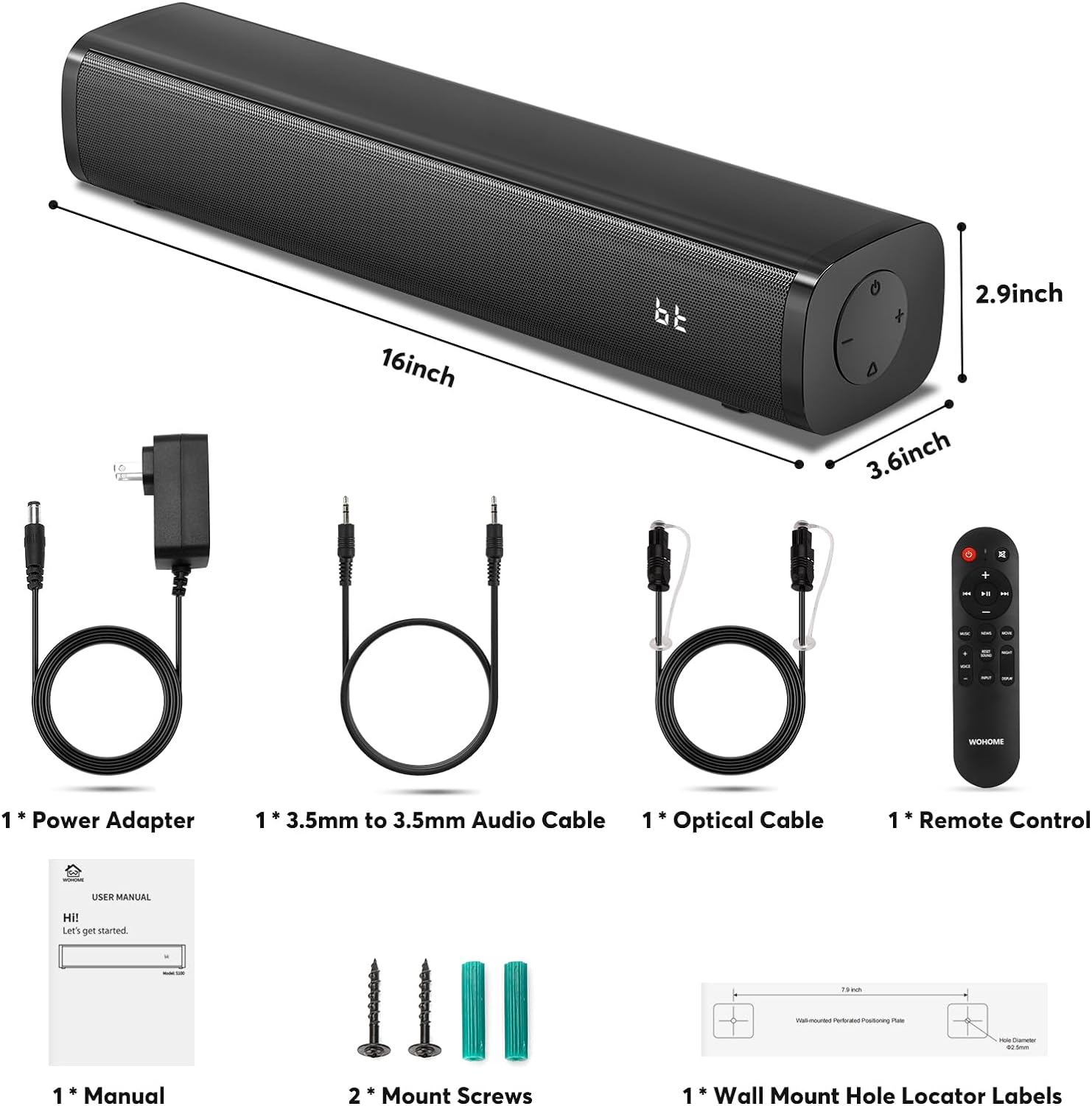 Wohome 2.1ch Small Sound Bars for TV with 6 Levels Voice Enhancement, Built-in Subwoofer, 16 Inches Bluetooth 5.3 Soundbar Speakers with Optical/AUX/USB Connection, S100 (Light Black) - Image 8