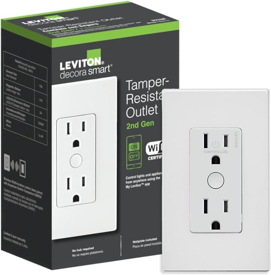 Leviton Decora Smart Outlet, Tamper-Resistant 15A, Wi-Fi 2nd Gen, D215R-2RW, White - Image 2
