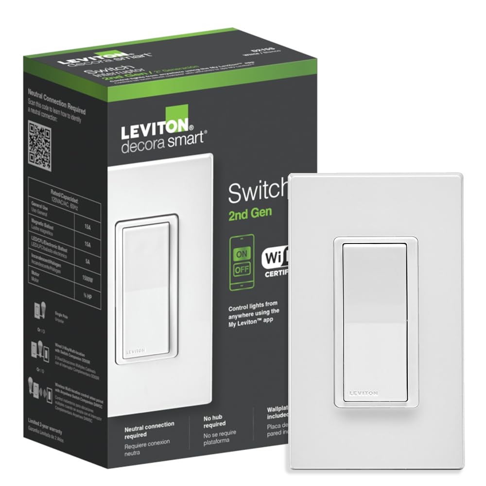 Leviton Decora Smart Switch, Wi-Fi 2nd Gen, Neutral Wire Required, Works with Matter, My Leviton, Alexa, Google Assistant, Apple Home/Siri & Wired or Wire-Free 3-Way, D215S-1RW, White - Image 2