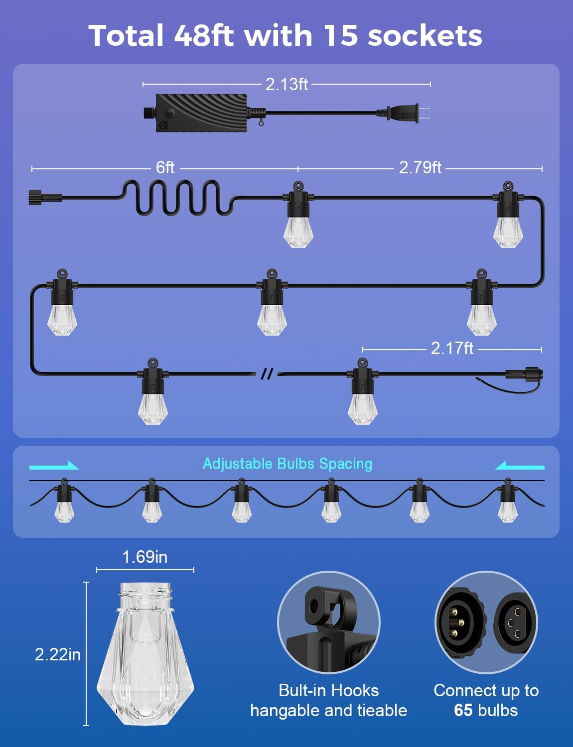 XMCOSY+ 48FT Smart Outdoor String Lights - RGBCWIC Dimmable Acrylic Bulbs, Color Changing LED Patio Light APP WiFi Control, Work with Alexa, IP65 Waterproof for Backyard Yard Porch Cafe Bistro Gazebo - Image 9