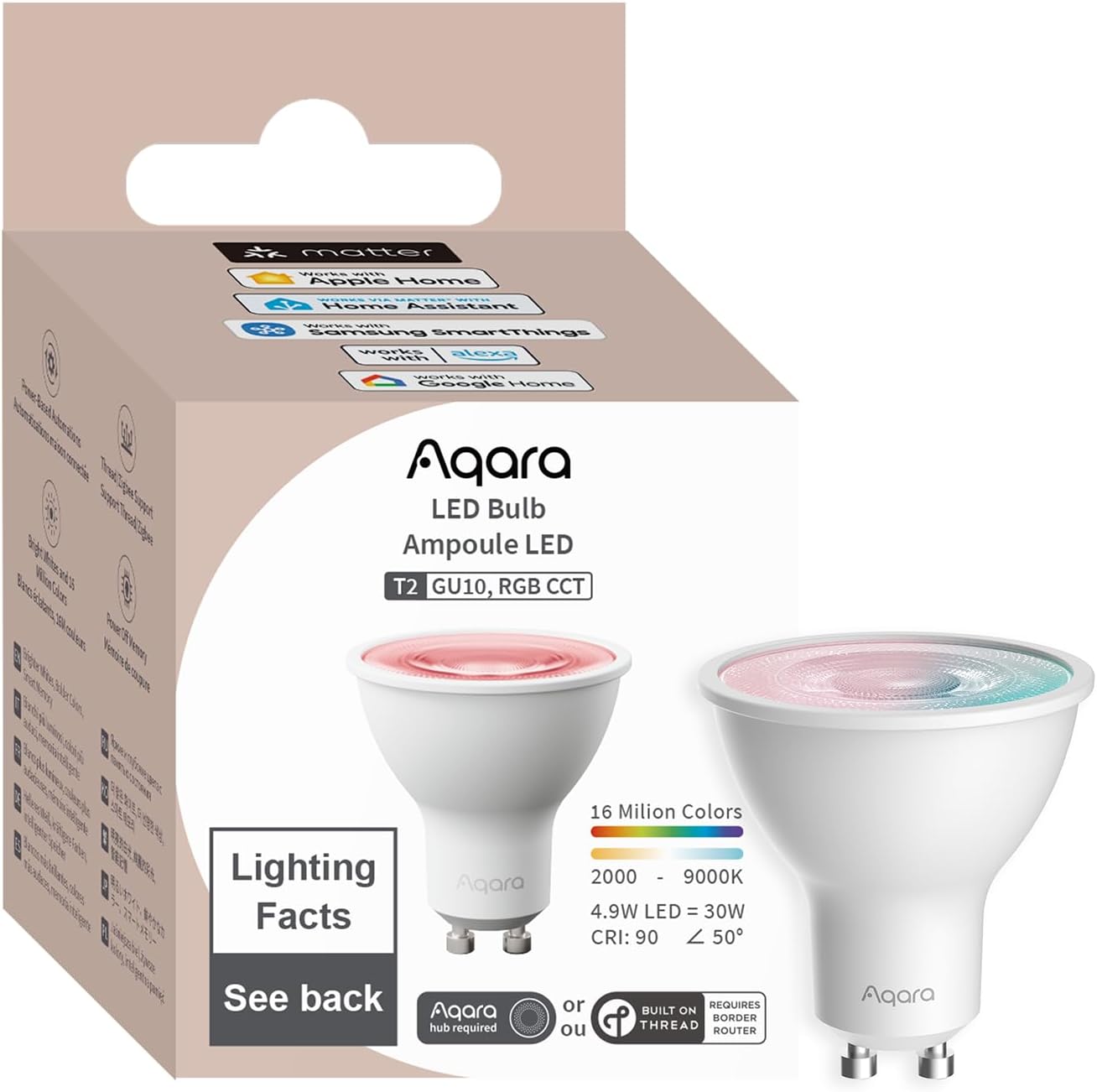 Aqara Thread/Zigbee Smart LED Light Bulb T2 GU10, Tunable White (2000K-9000K), RGB Color Changing Light Bulb with 16 Million Colors, 30W Equivalent, Matter, Works with HomeKit, Alexa, Google & More - Image 2