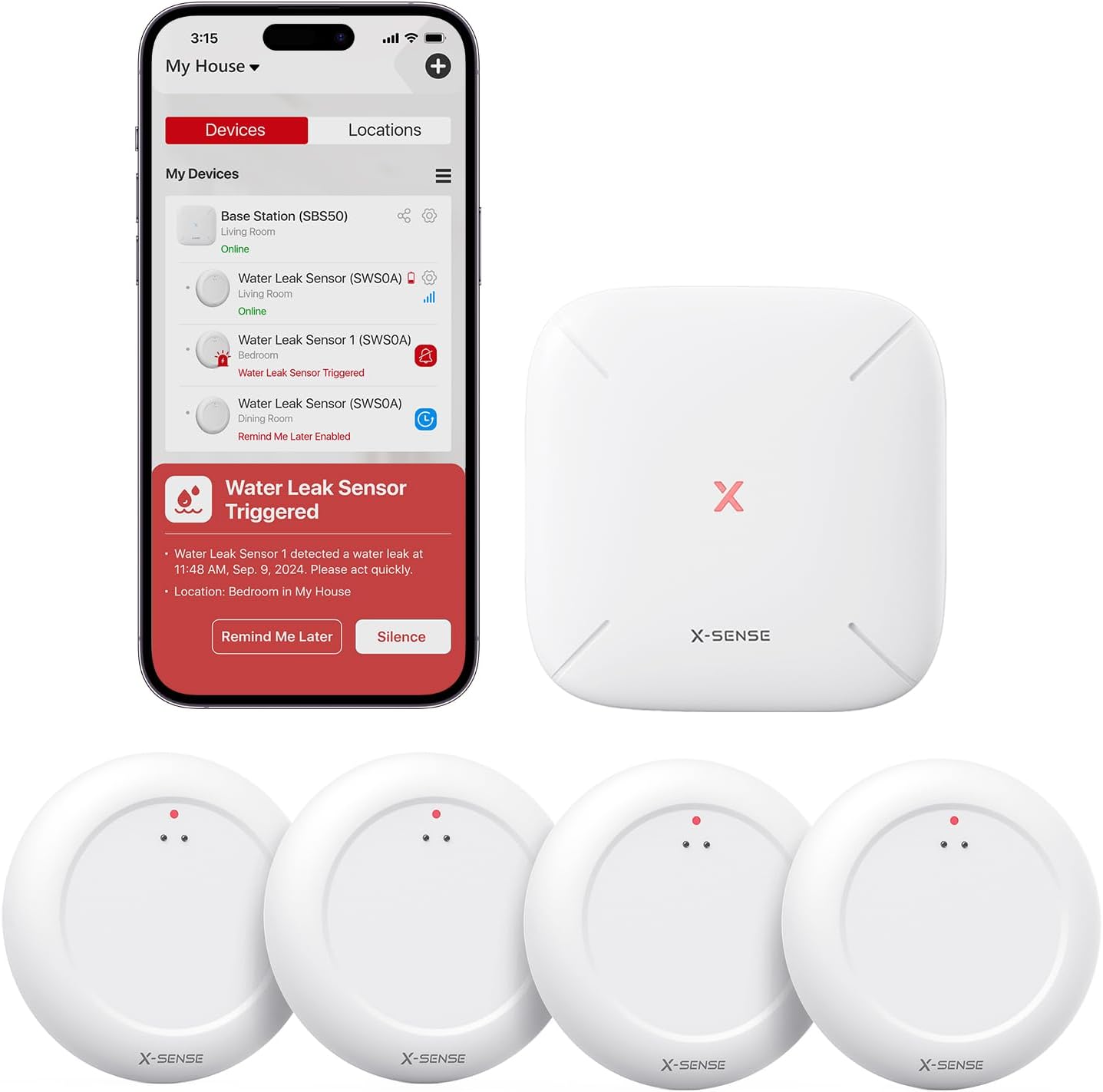 X-Sense Wi-Fi Water Leak Detector Kit, Smart Water Sensor Alarm with App Alerts and Ultra-Slim Design, Water Alarm Leak Detector for Basements, 4 Water Sensors and 1 Base Station, Model SWS0A41 - Image 2