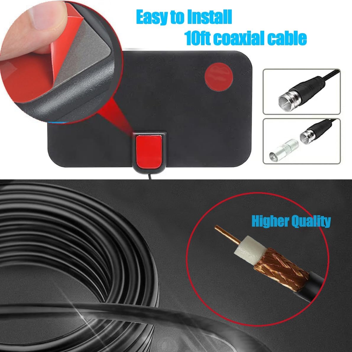 Digital TV Antenna for Smart TV,360°Reception,Support 4K 1080p Smart Television,Detachable Signal Amplifier-Signal Booster-HDTV Antenna 10ft Coaxial HDTV Cable, Portable Antenna Indoor - Image 4