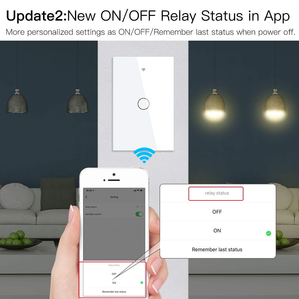 MoesGo 2nd Generation WiFi RF433 Smart Touch Wall Single Fire Smart Switch,No Neutral Wire Needed,Compatible with Smart Life/Tuya App, Works with Alexa and Google Home Single Pole 110V White 1 Gang - Image 4